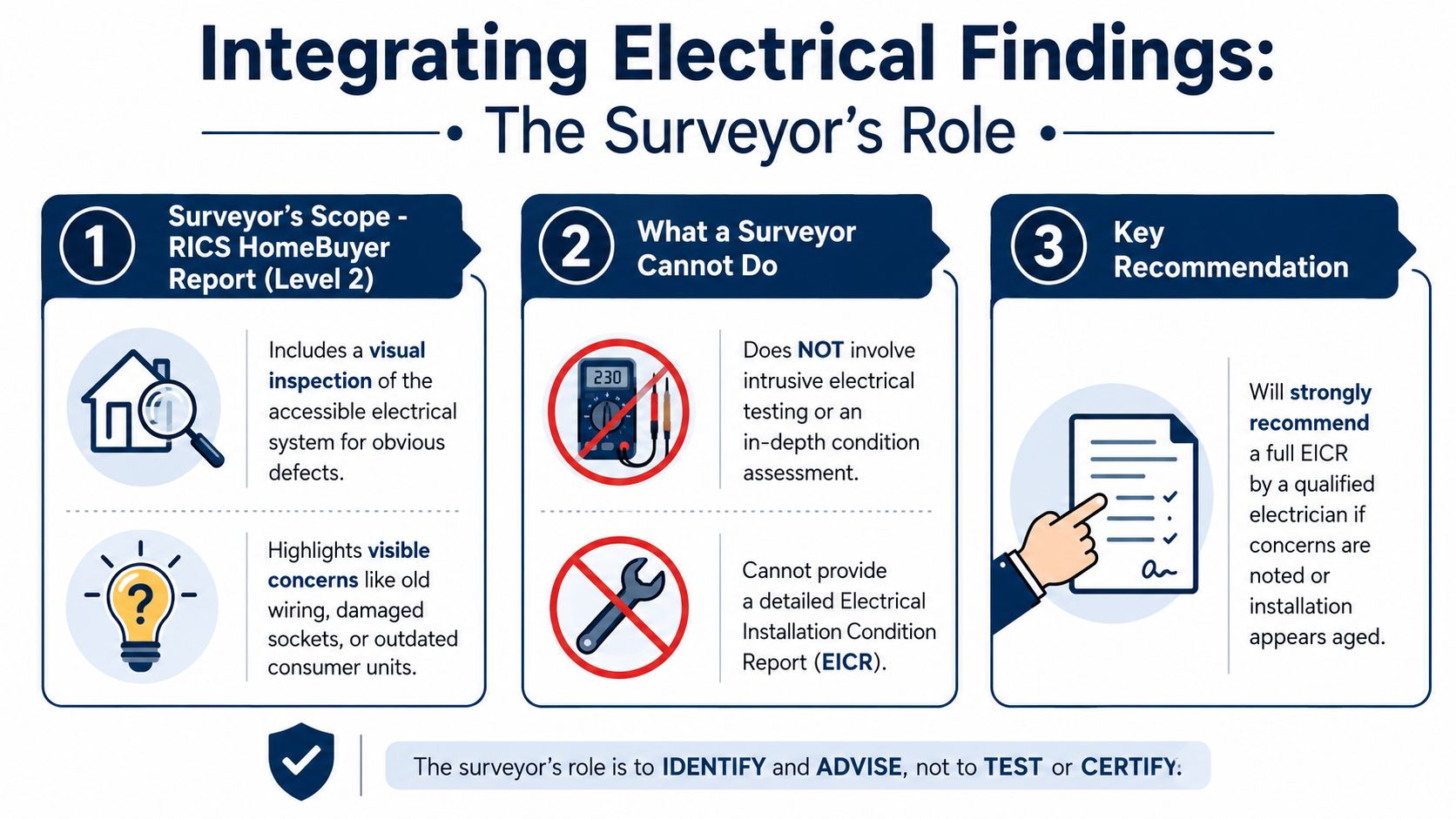 An infographic explaining a home surveyor's role regarding electrical system inspections, limitations, and recommendations for further assessment.