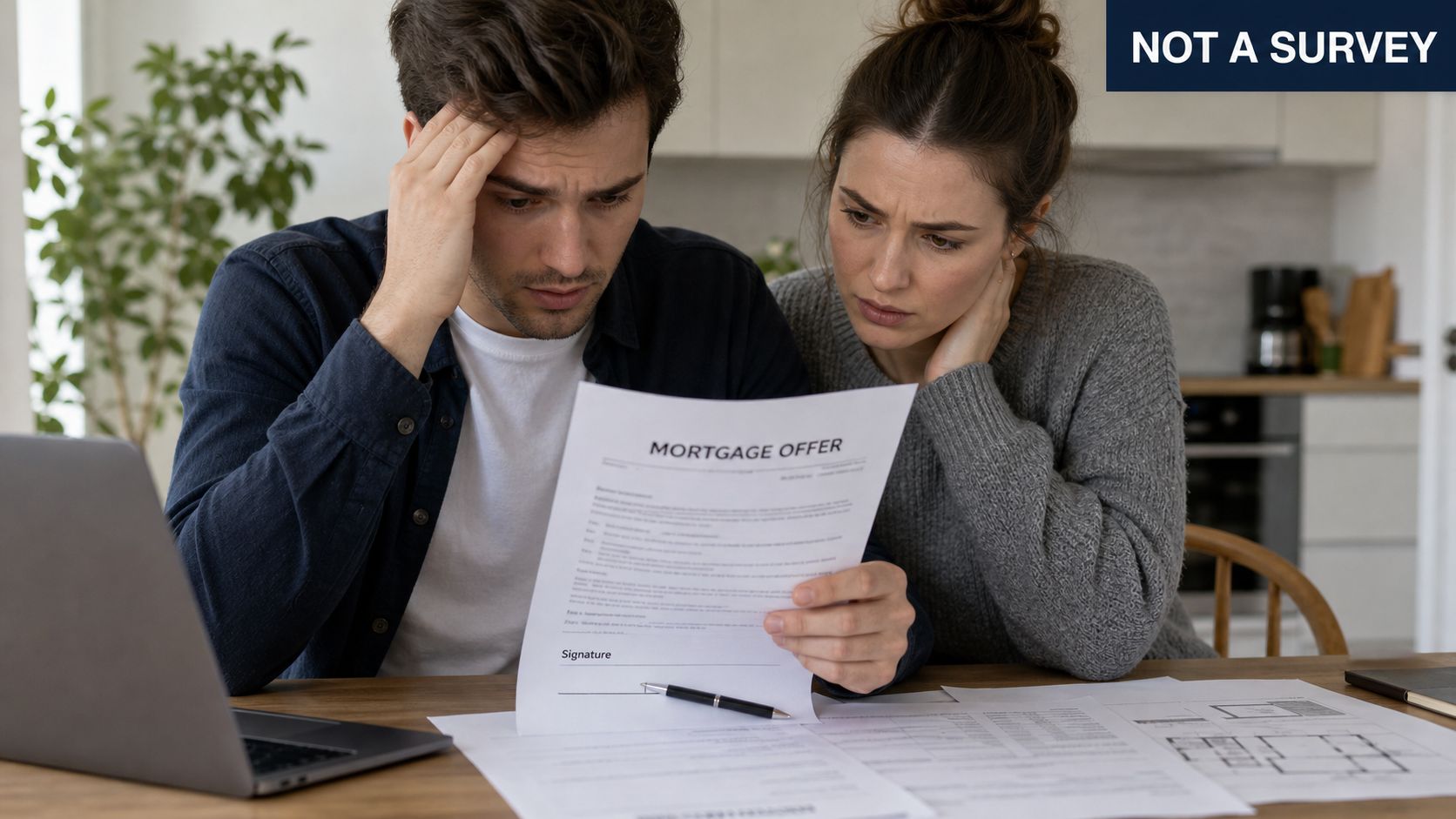 A worried young couple looking closely at a mortgage offer document while sitting at their home desk.
