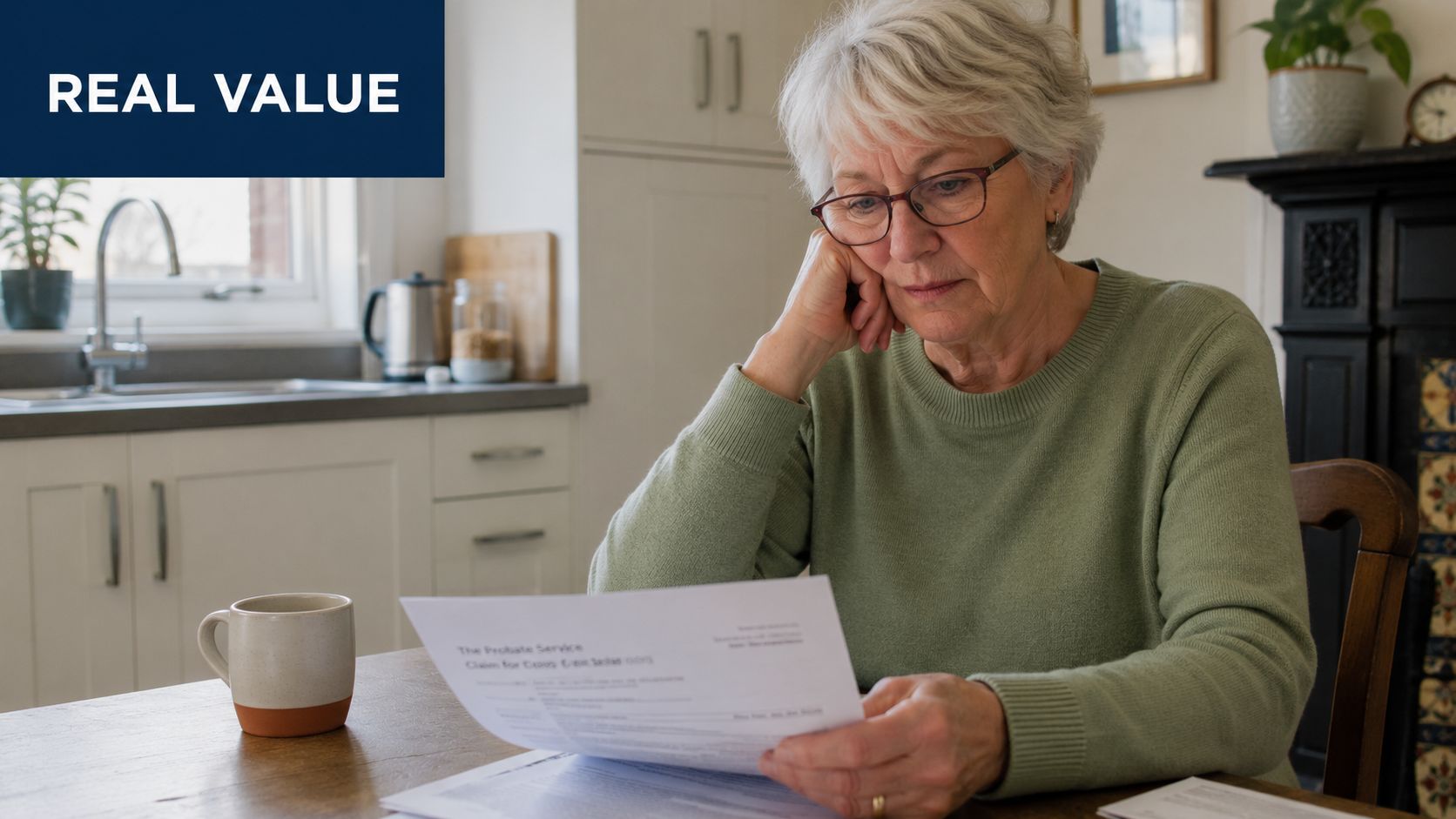 An elderly woman with gray hair looking concerned while reviewing probate documents at her kitchen table.