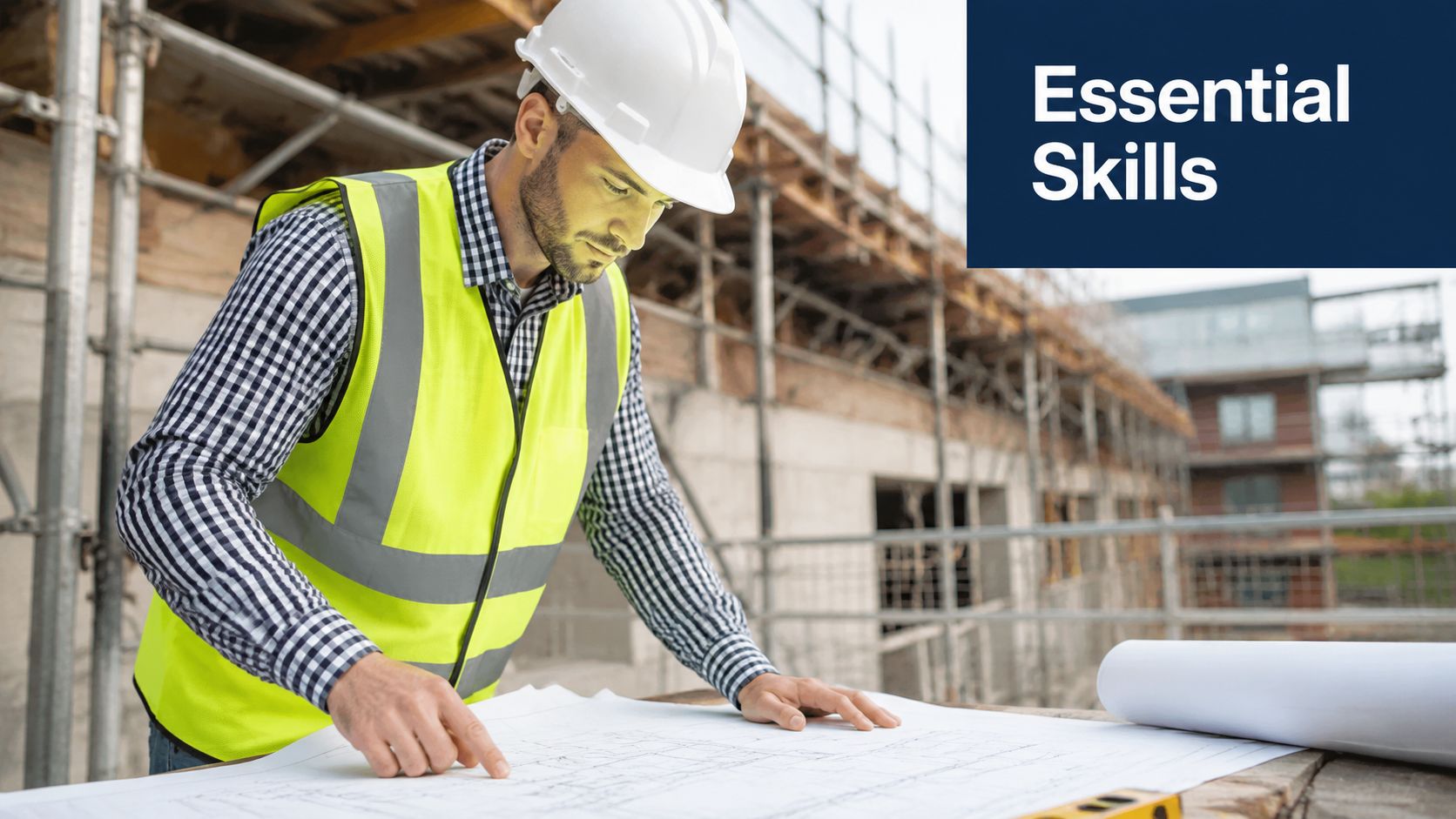 A construction site engineer wearing a hard hat and safety vest examines blueprints on a table.
