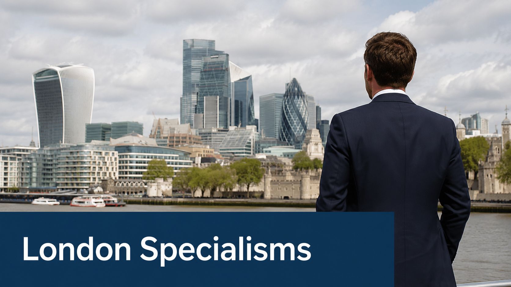 A businessman in a suit looks out over the London skyline featuring major financial district skyscrapers.