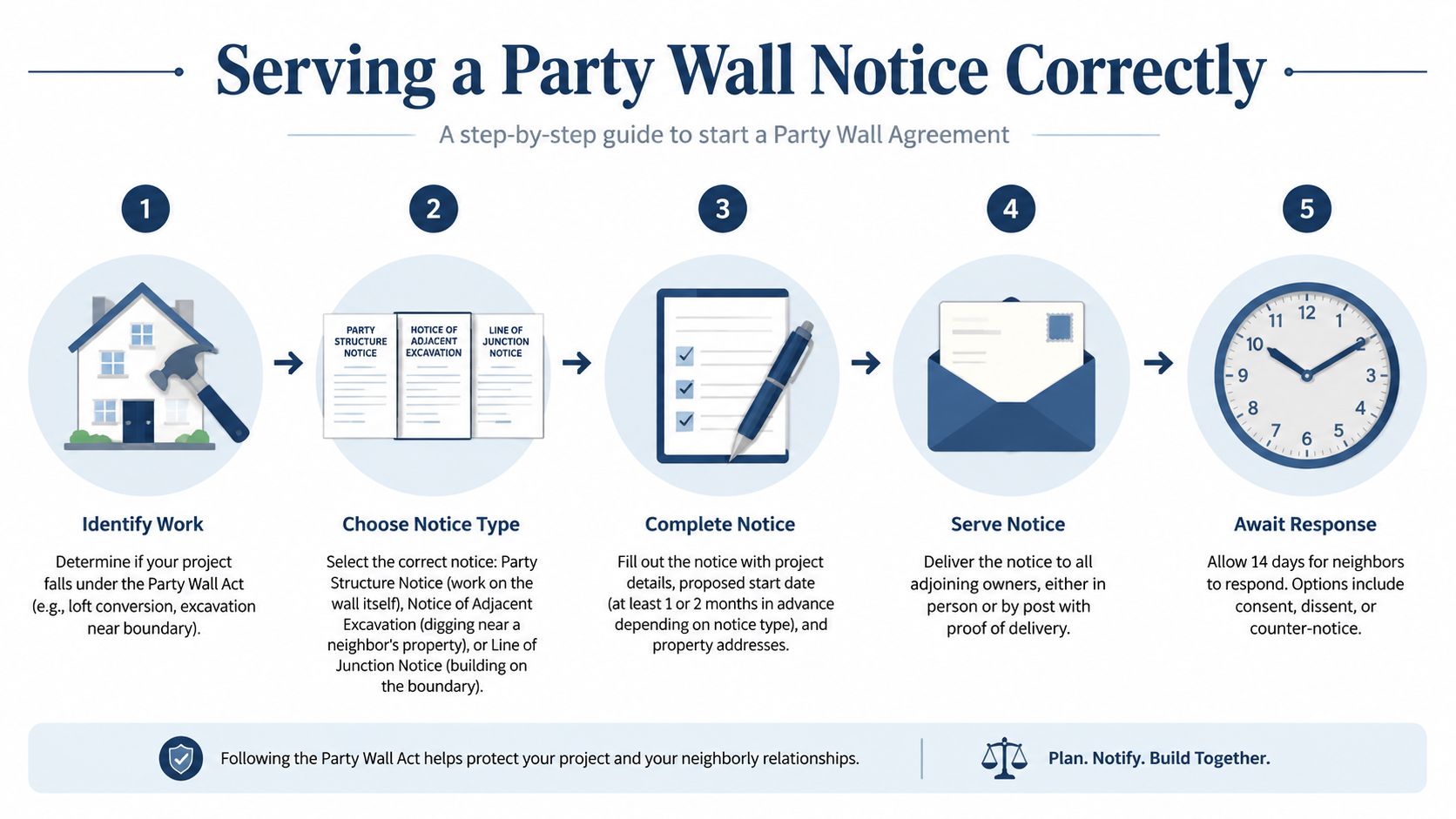A step-by-step infographic illustrating how to correctly serve a party wall notice to neighbors before construction.