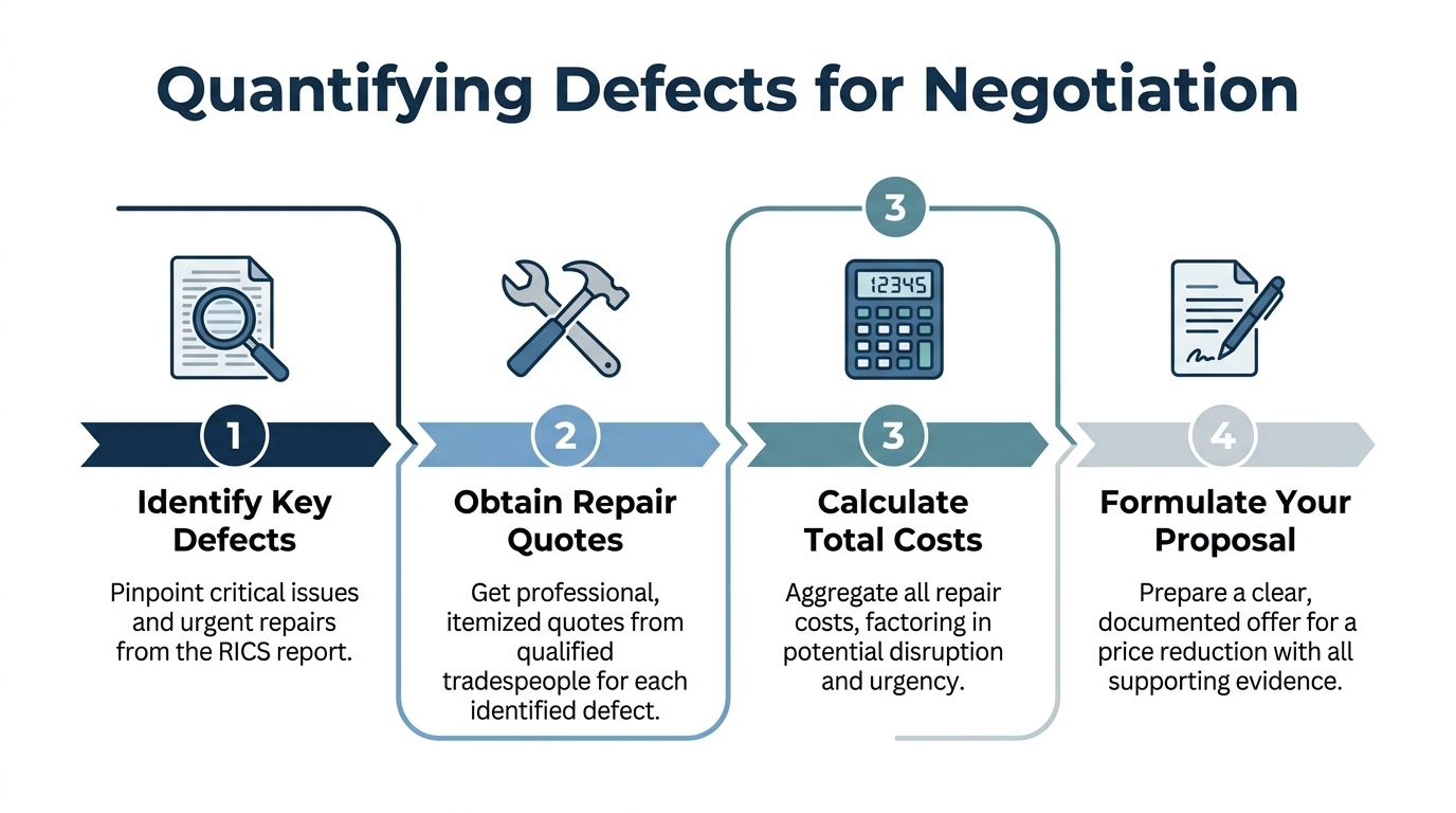 A four-step infographic illustrating how to quantify property defects for negotiating a lower home purchase price.