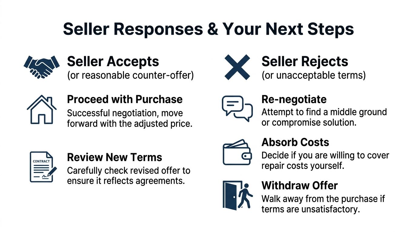 A guide outlining seller responses and buyer next steps during real estate price negotiations after an inspection.