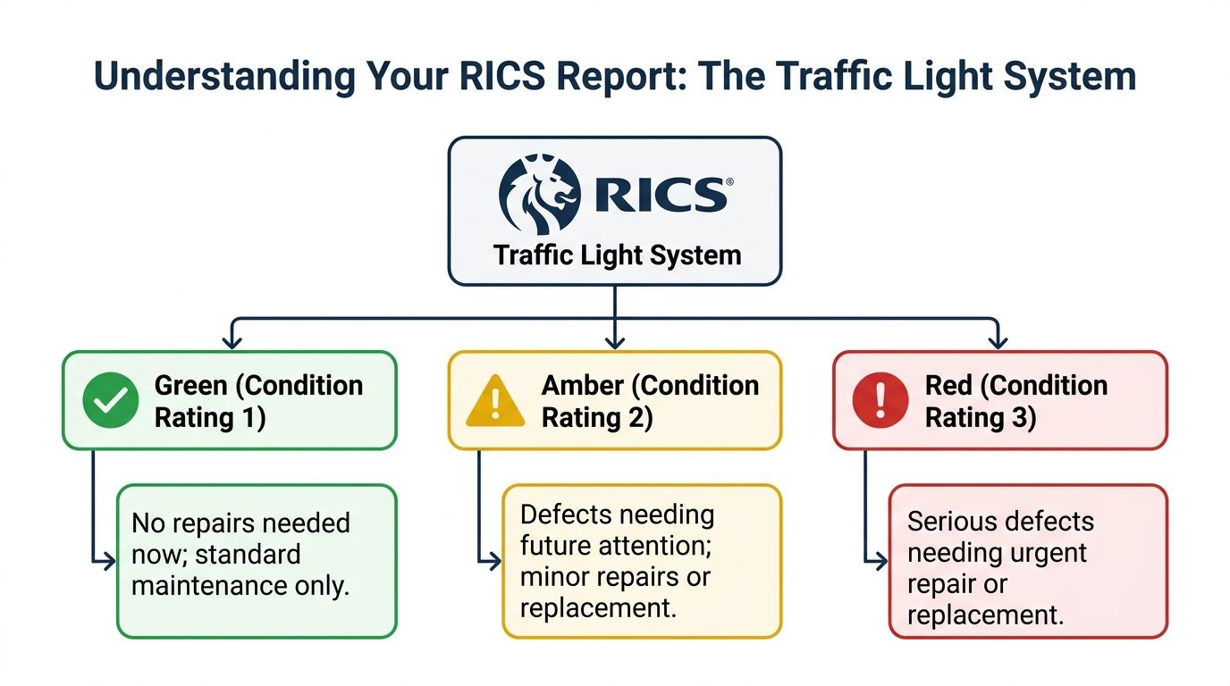 A diagram explaining the RICS report traffic light system with green, amber, and red condition ratings.