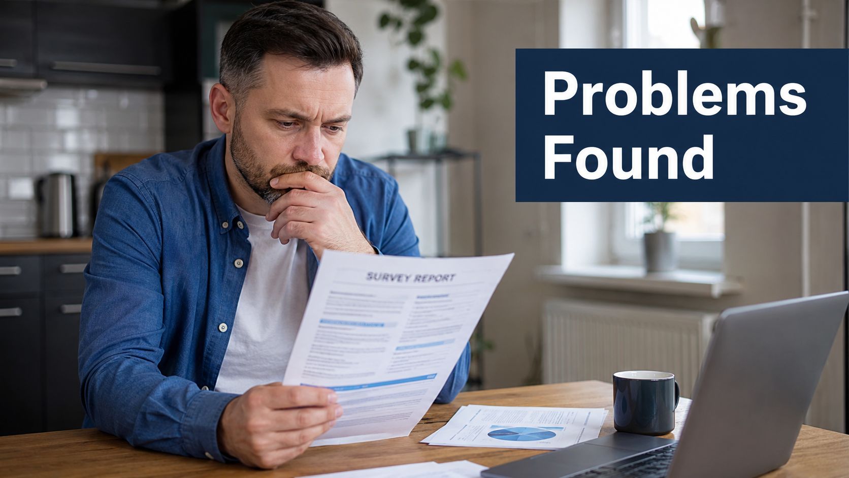 A concerned man sitting at a desk reviewing a house survey report with a laptop nearby.