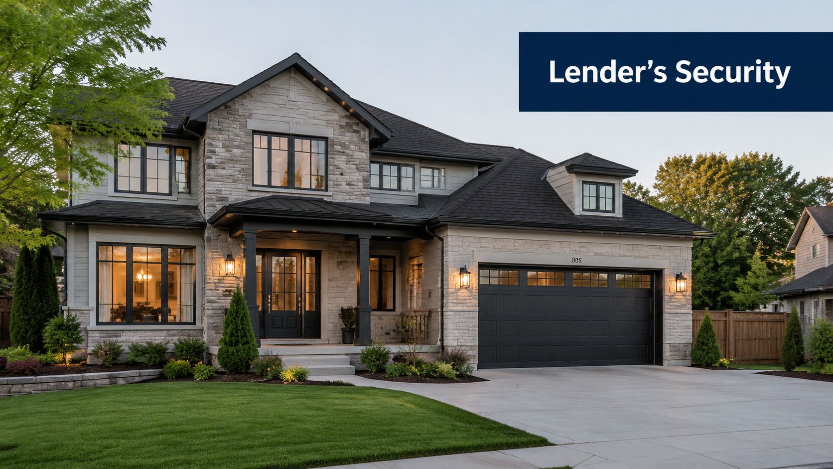 A luxurious modern two-story house with stone facade, dark trim, and a spacious driveway at dusk.