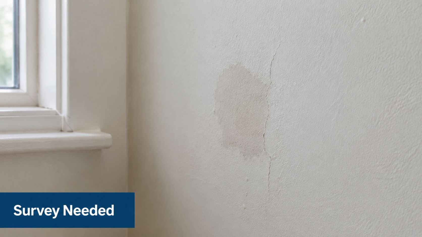 A patch of damp and a vertical wall crack next to a window frame inside a home.
