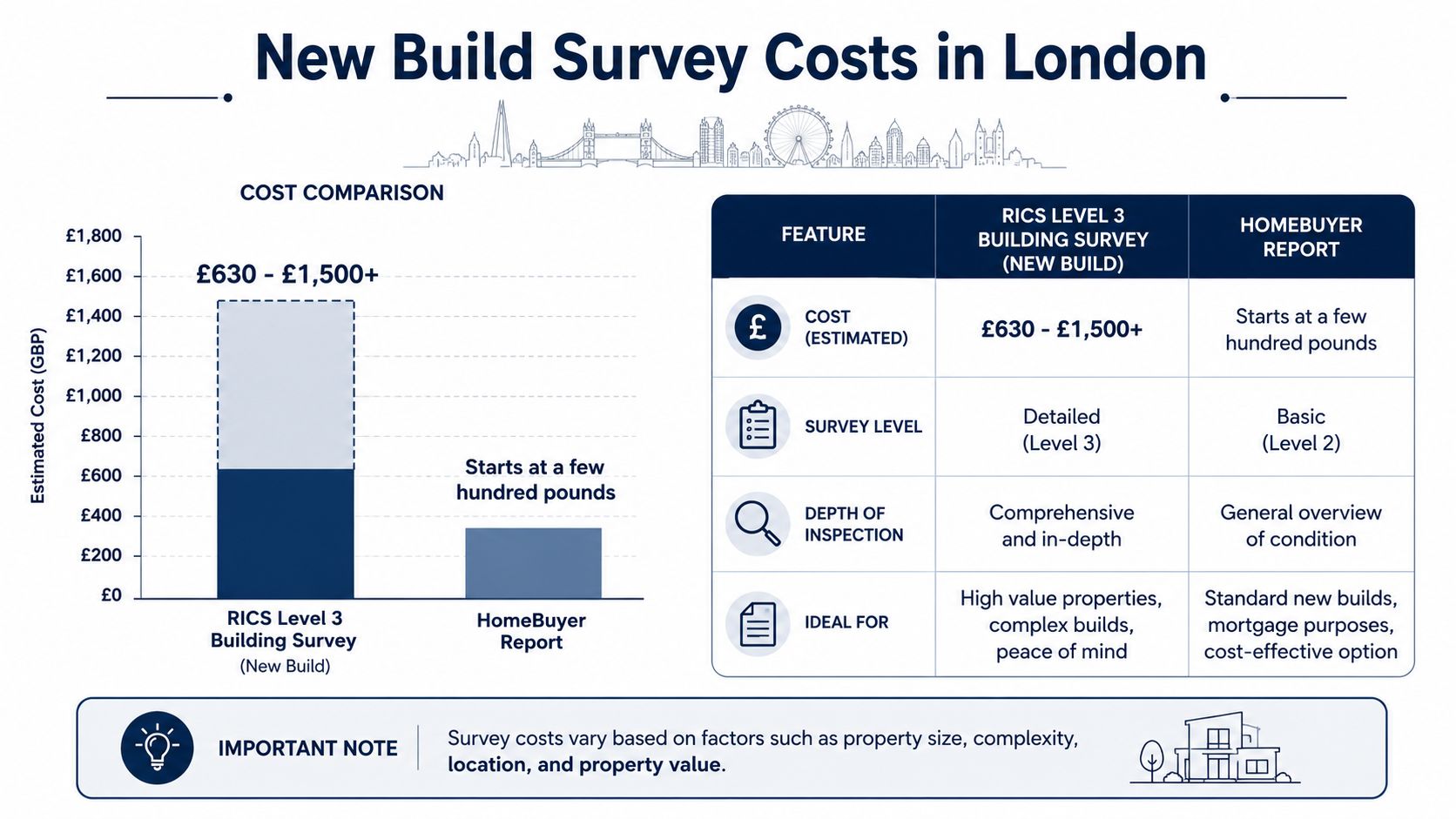 A comparison chart showing estimated costs for RICS Level 3 building surveys versus HomeBuyer reports in London.