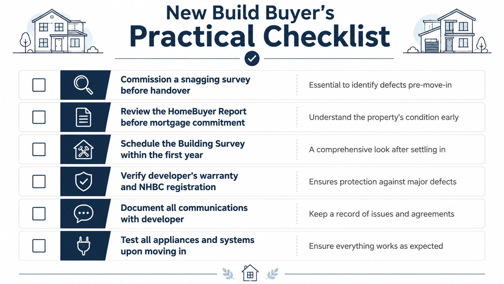 A checklist for new build property buyers detailing essential tasks to perform before and after moving in.
