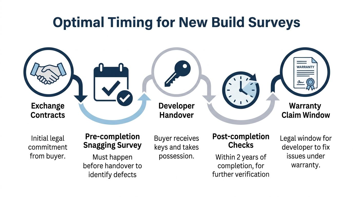 A timeline graphic illustrating the optimal timing for property snagging surveys during the new build process.