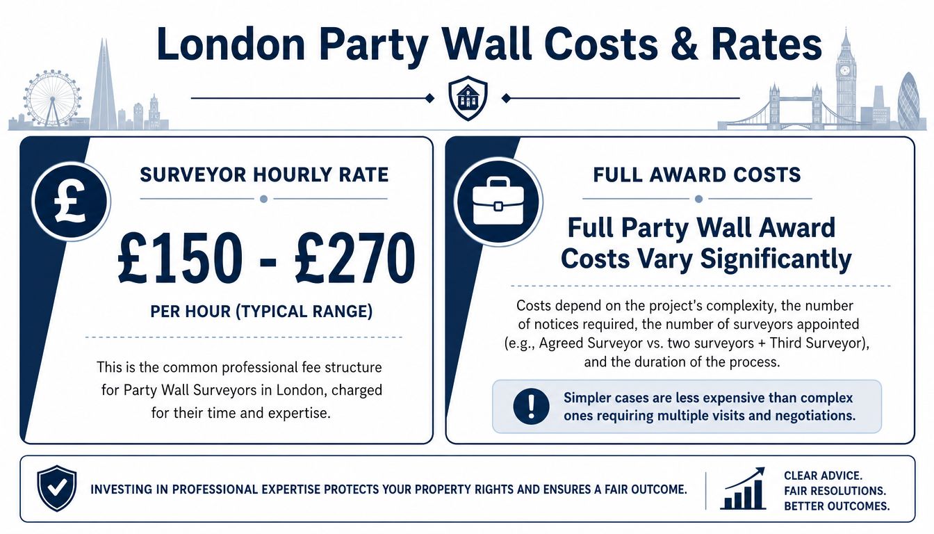 An infographic showing the typical hourly rates and costs for party wall surveyors in London, UK.
