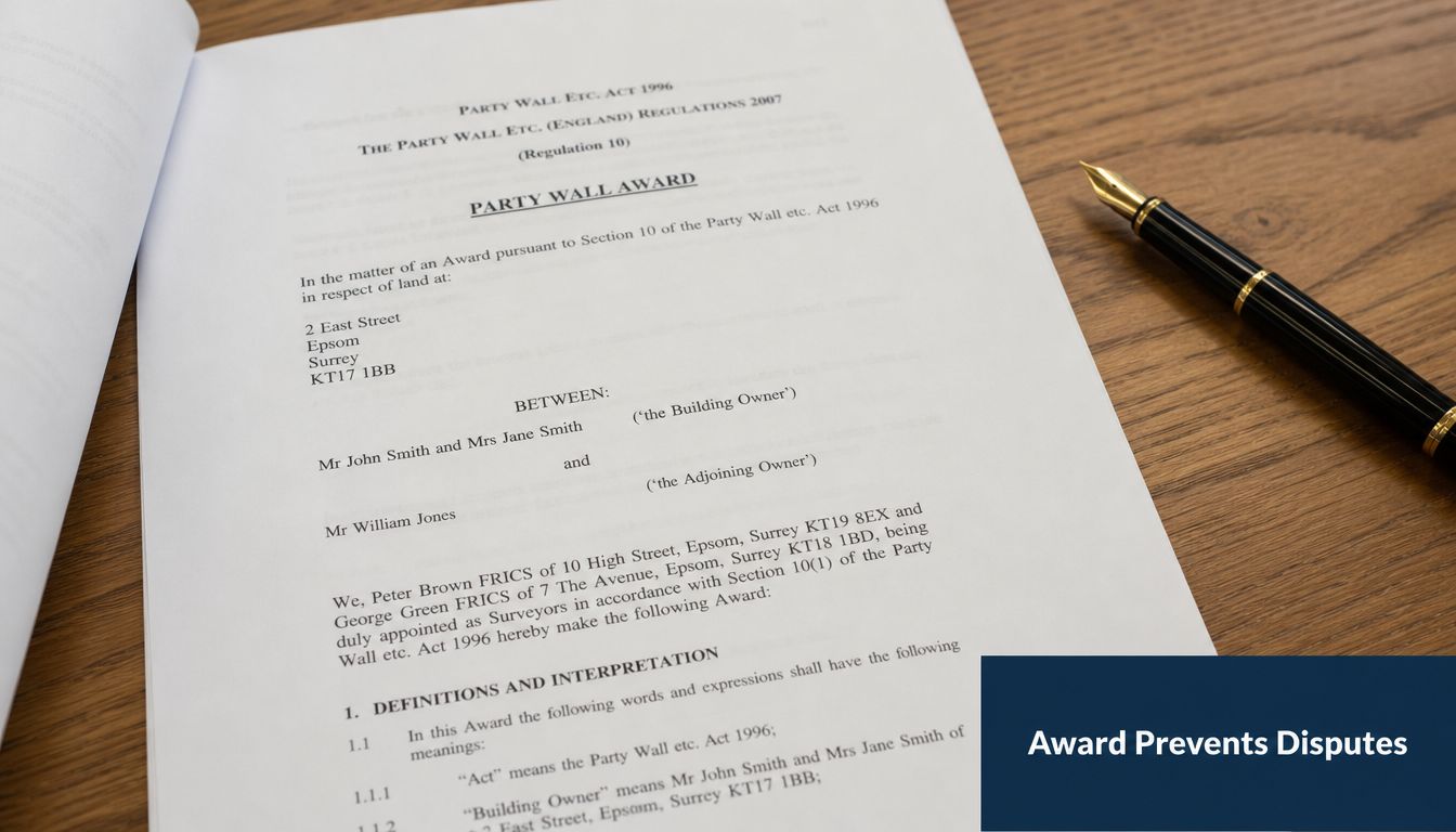 A party wall award legal document lying on a wooden table next to a fountain pen.