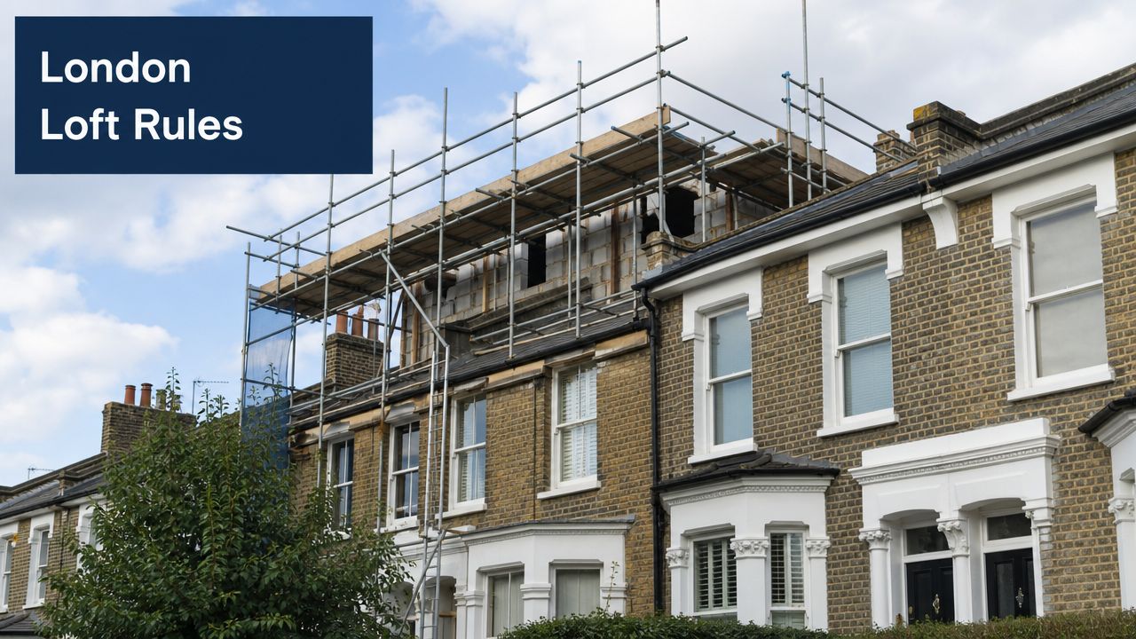 Construction scaffolding surrounds a London Victorian home currently undergoing a loft extension and roof renovation.
