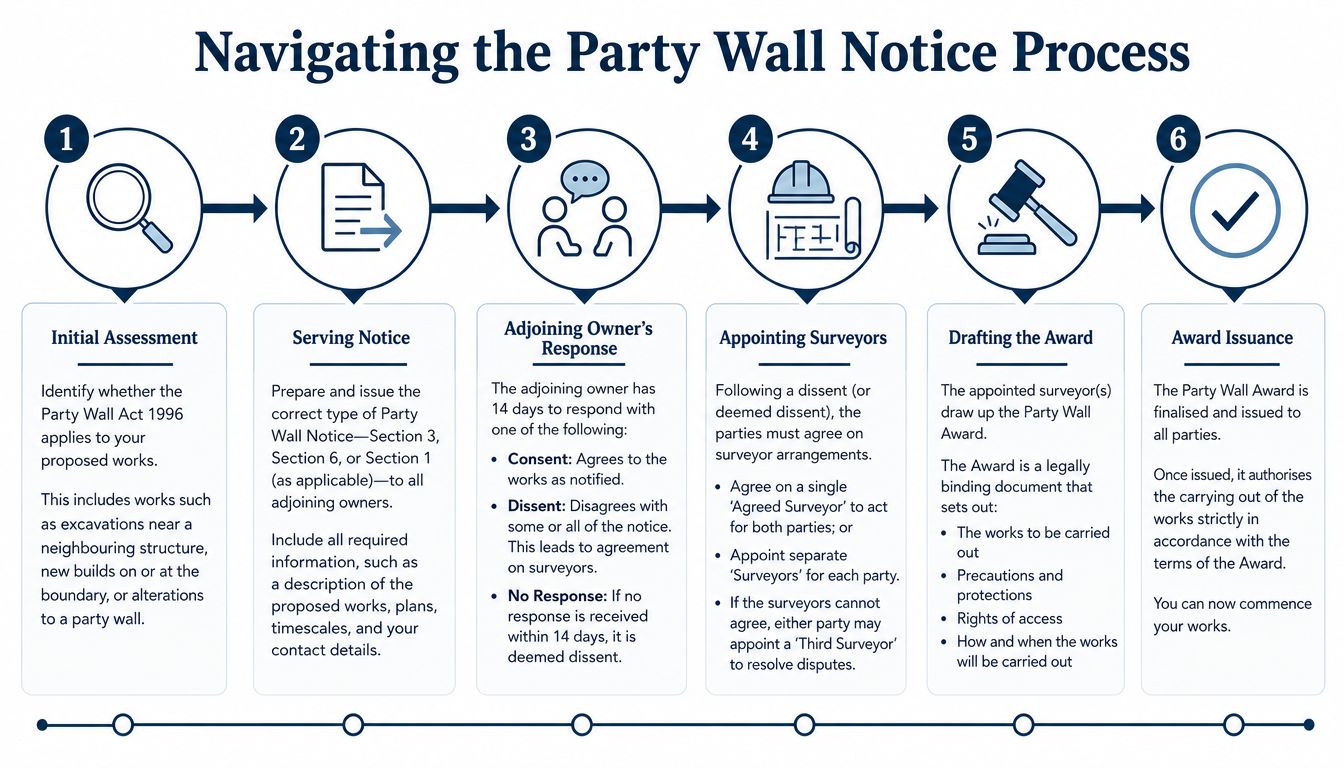 A flowchart infographic outlining the six steps of the Party Wall Notice process for construction projects.