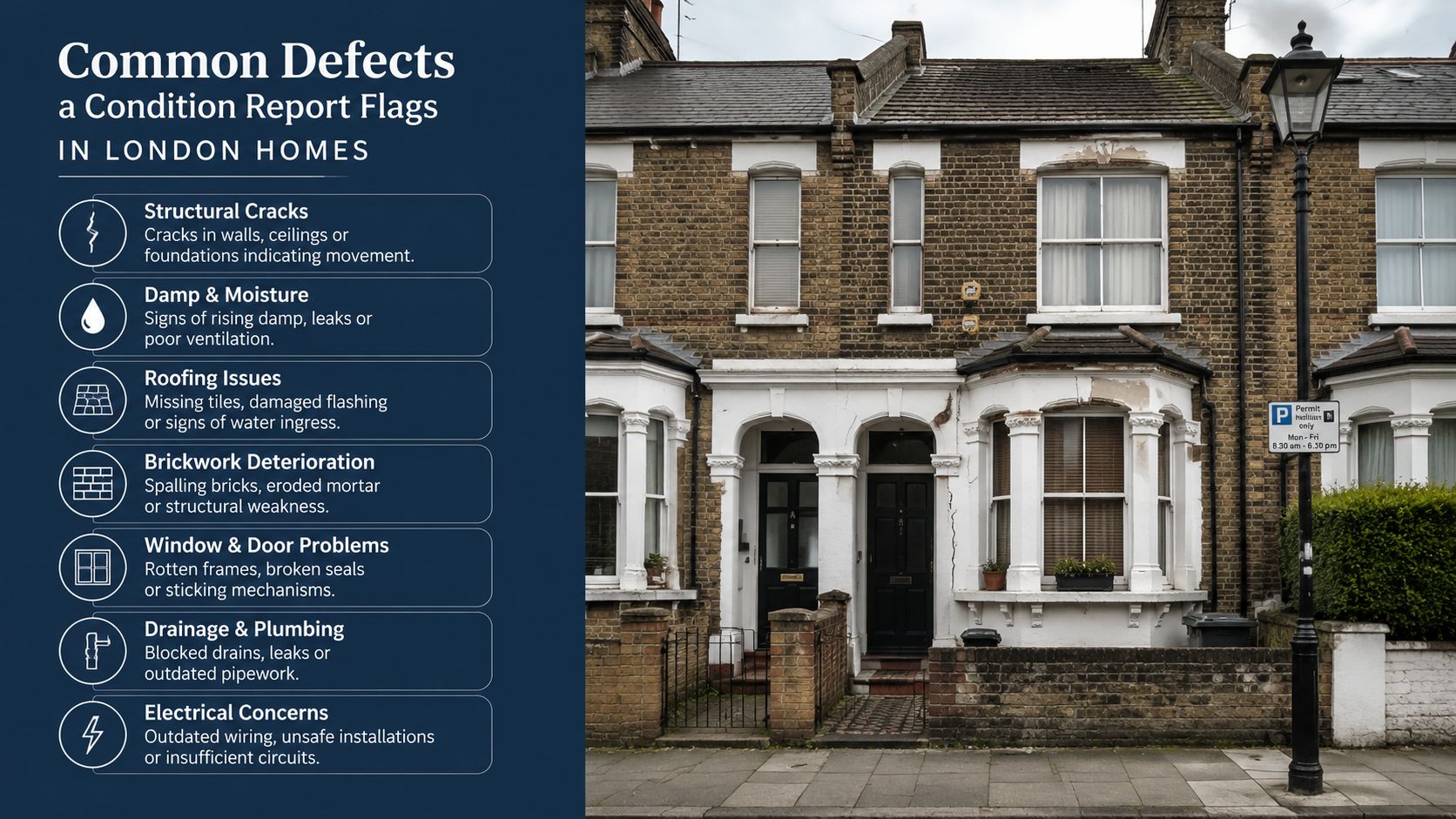 A list of common house defects to check in London properties, displayed next to a terraced house.