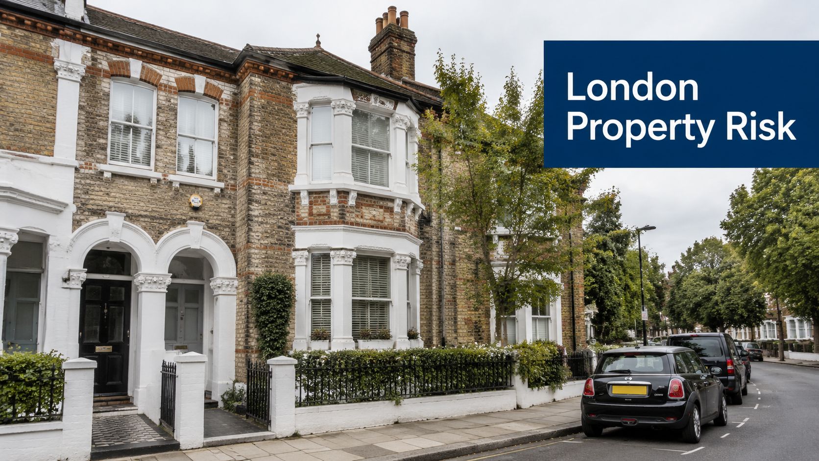 A row of classic London brick terrace houses on a street with a black car parked nearby.