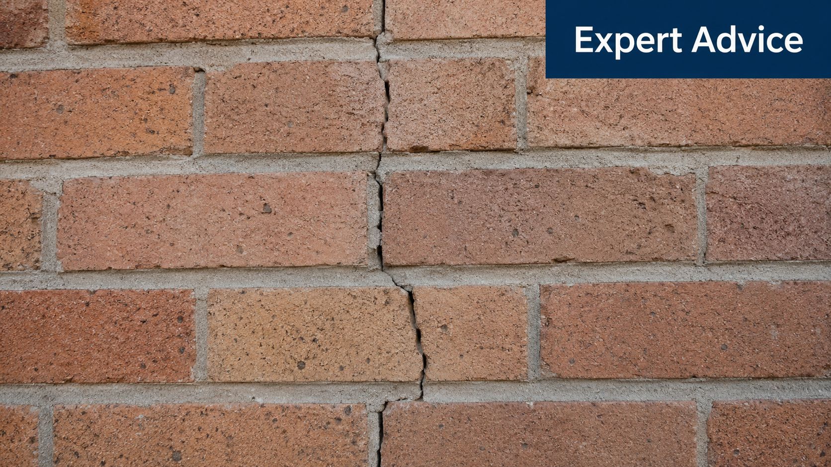A close-up view of a vertical crack running through the mortar and bricks of a wall.