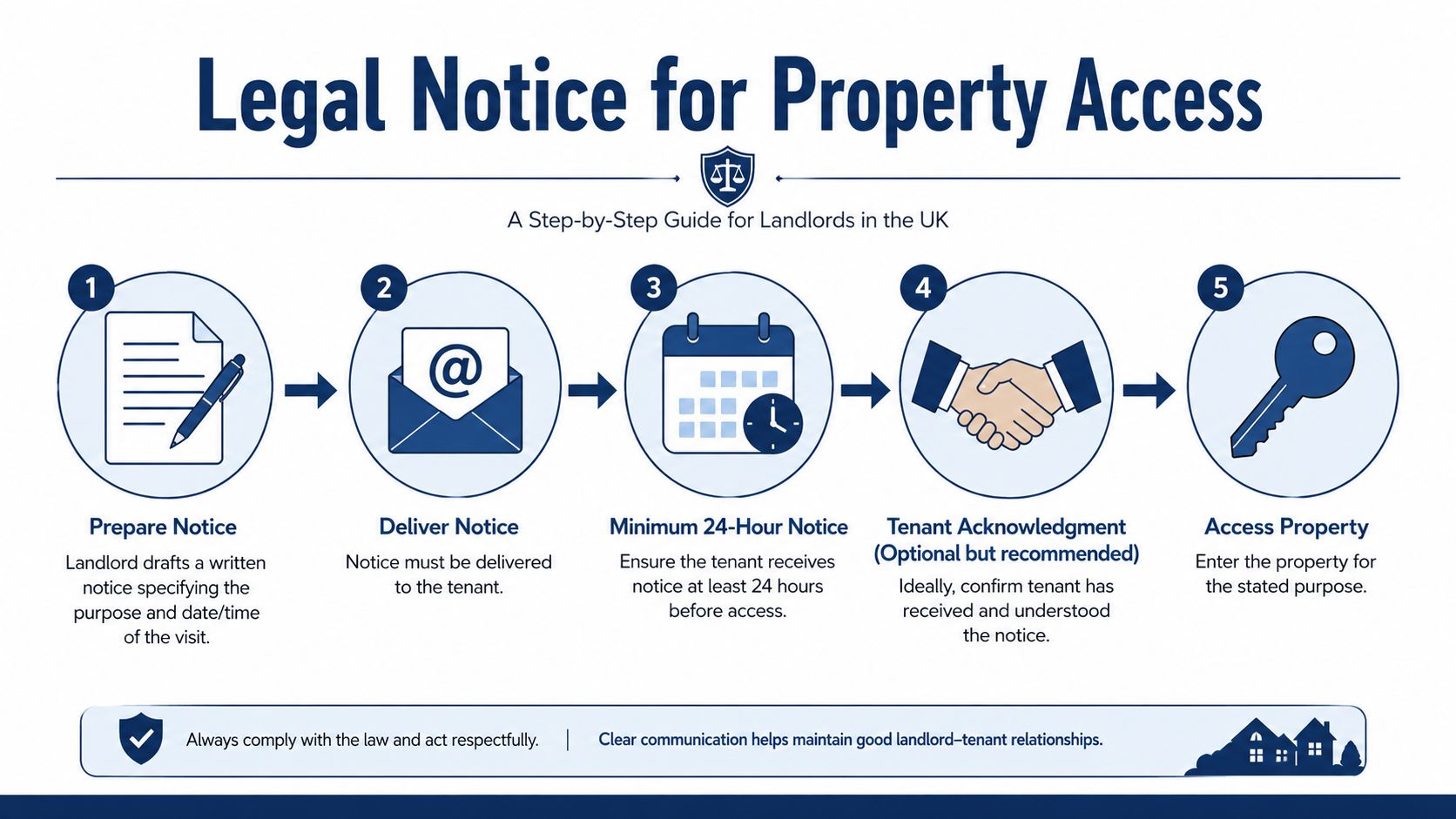 A five-step infographic guide for UK landlords on providing legal notice for property access to tenants.