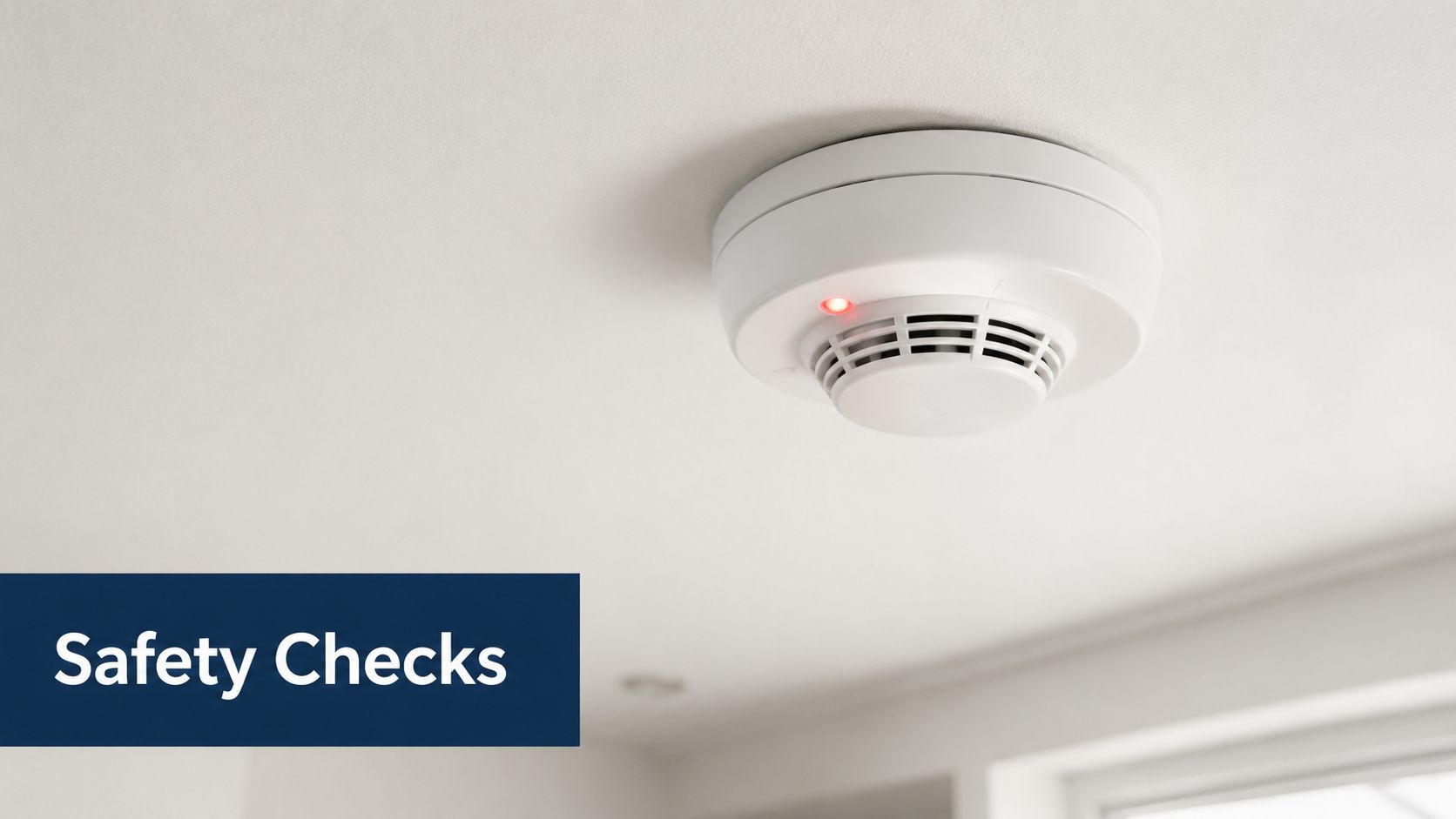 A ceiling mounted white smoke detector with an active red light on, indicating safety inspection status.