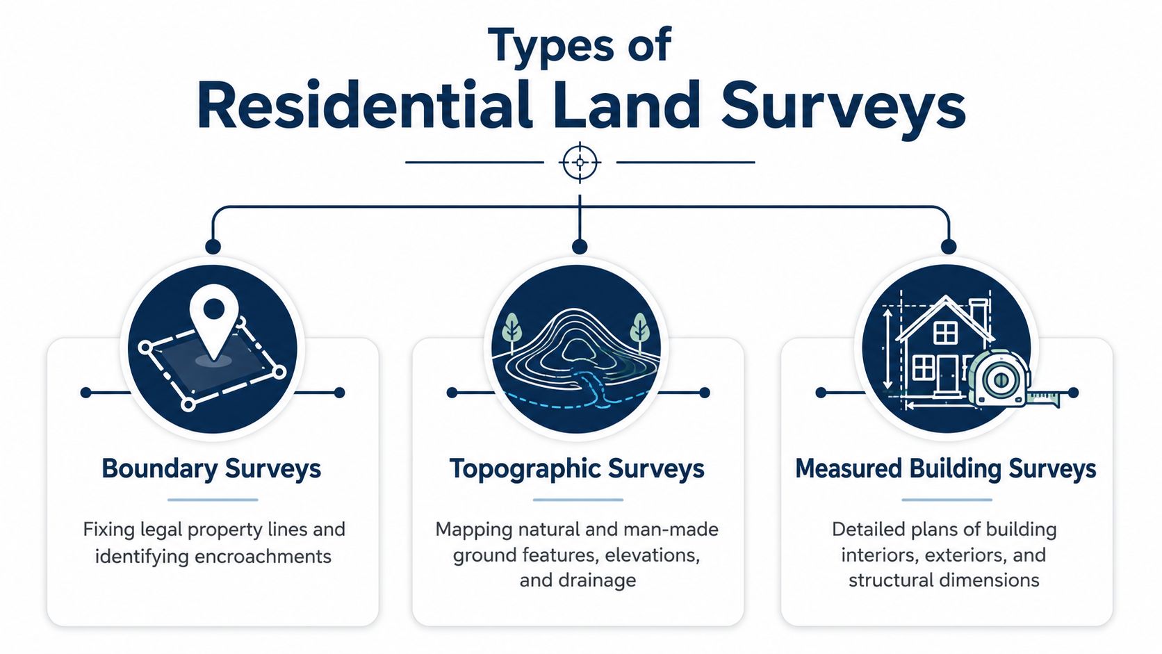 A diagram outlining the three main types of residential land surveys including boundary, topographic, and measured building surveys.