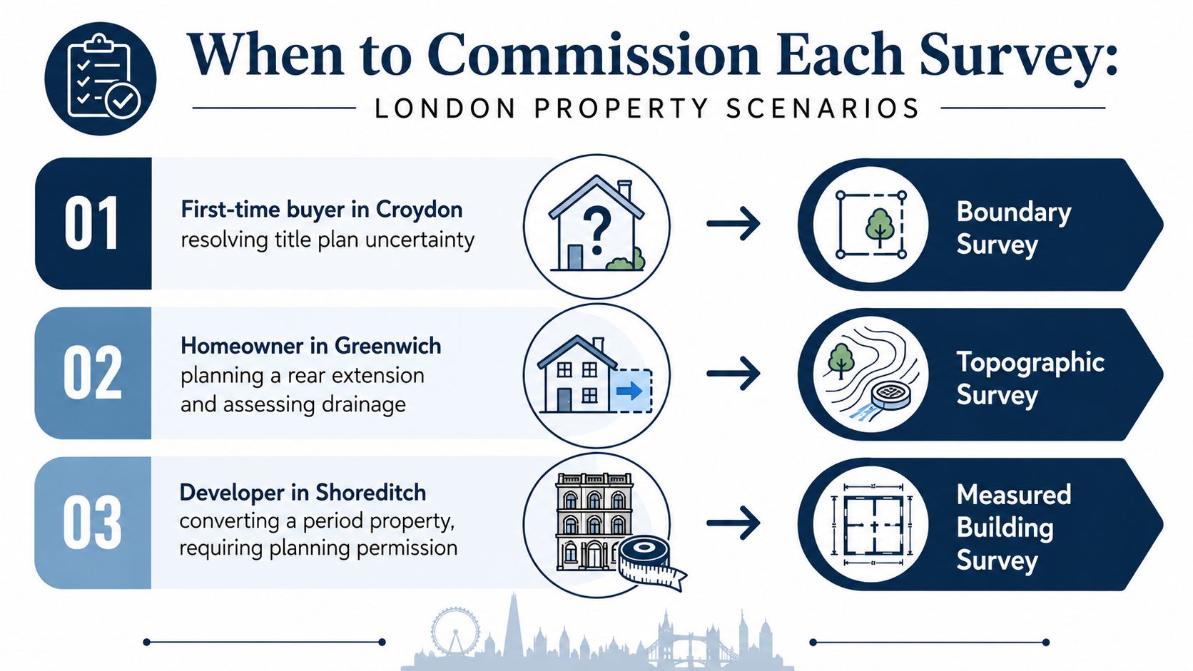 An infographic showing three London property scenarios and the specific types of professional surveys required for each.
