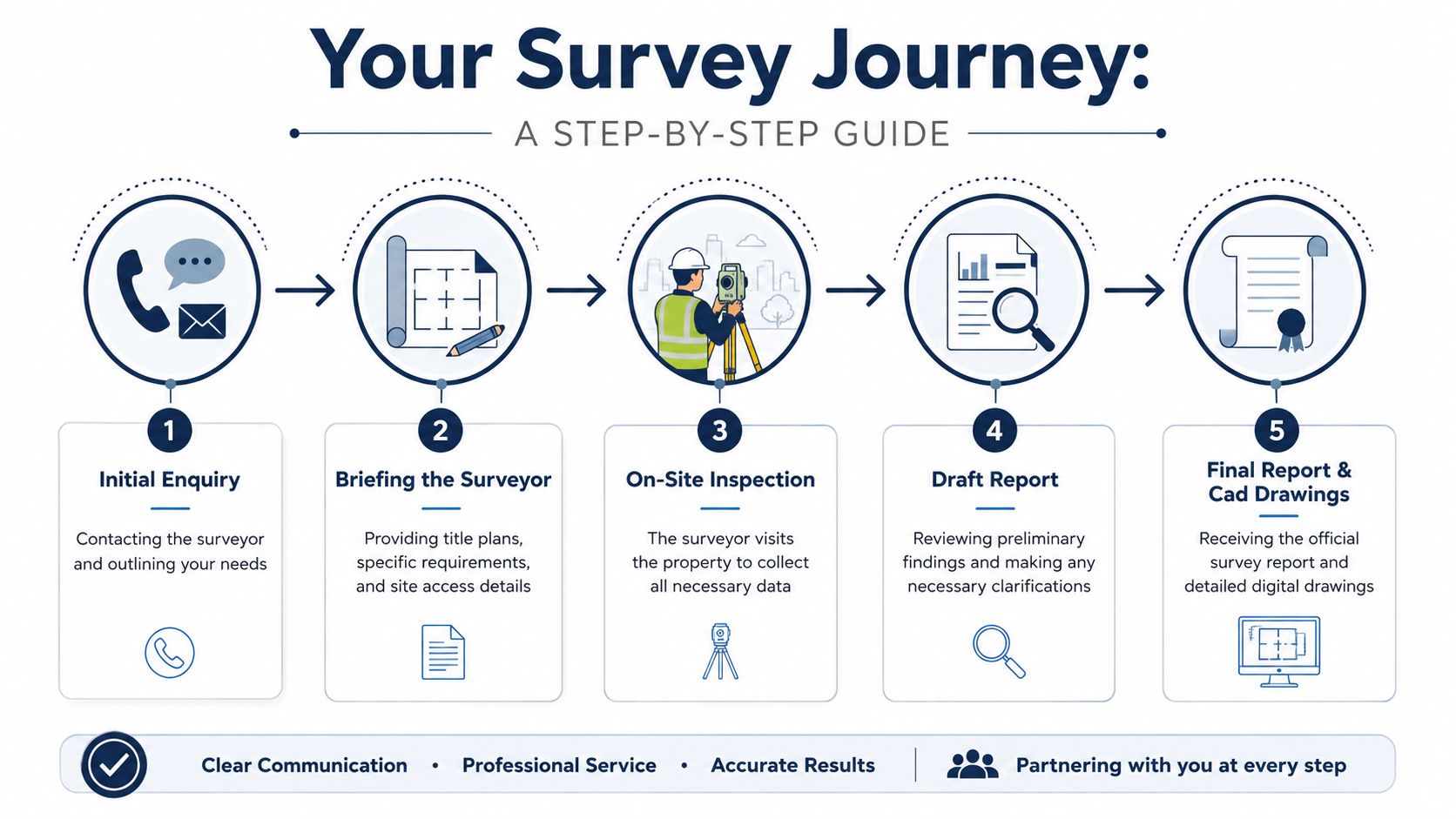 A step-by-step infographic illustrating the five stages of a professional residential land survey journey process.