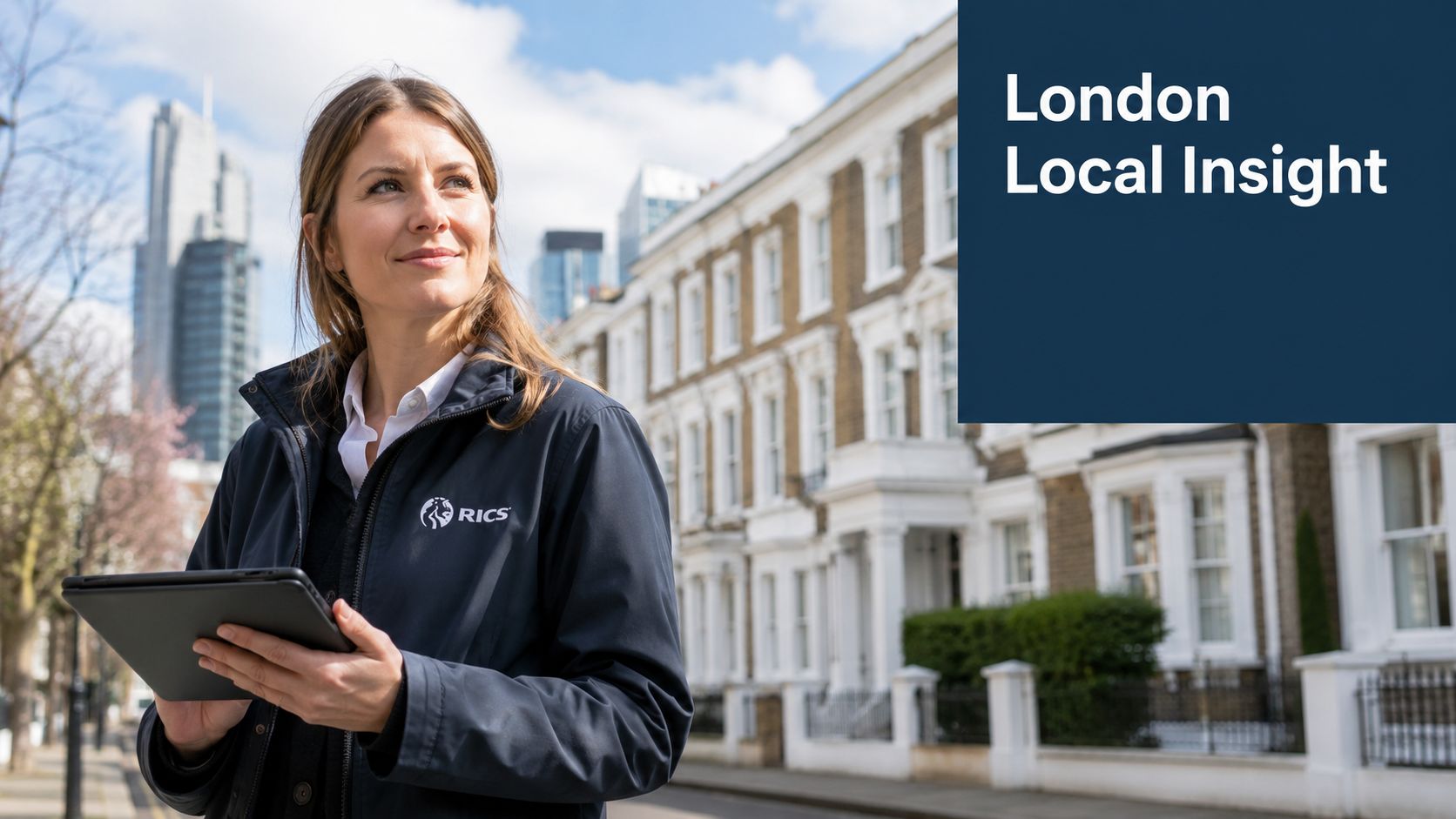 A professional woman holding a tablet standing in front of traditional London townhouses for real estate insight.