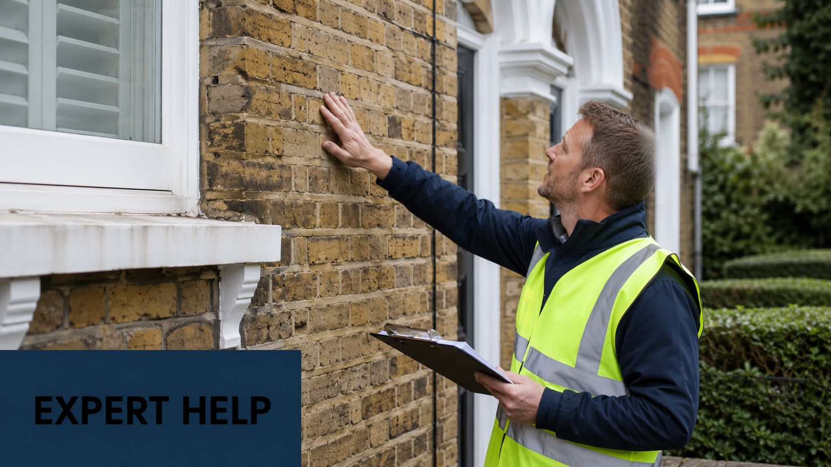 A professional building inspector examining the exterior brick wall of a house for structural damage.