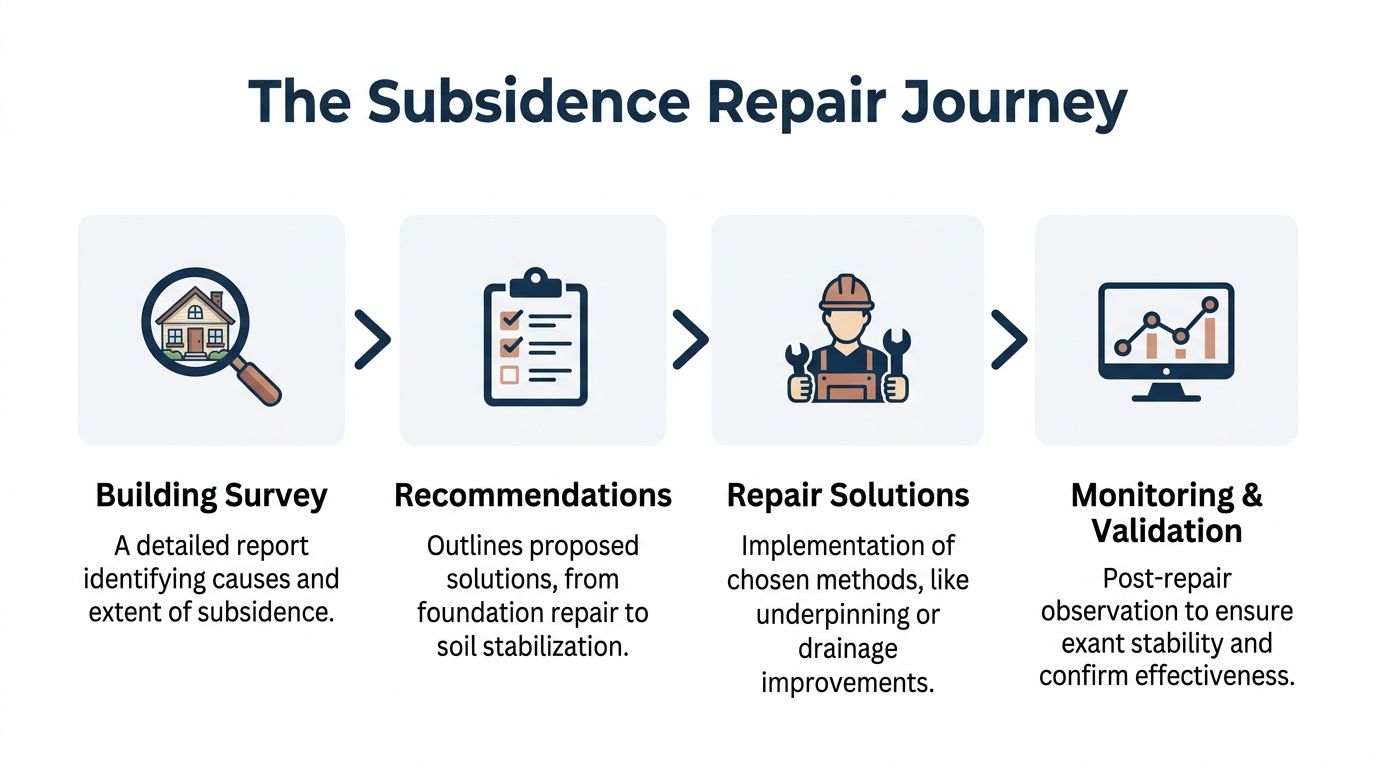 An infographic showing the four-step process for subsidence repair, from building survey to final monitoring.