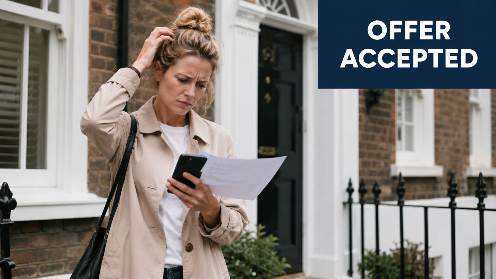 A concerned woman standing outside a brick house looking at a document and her smartphone screen.