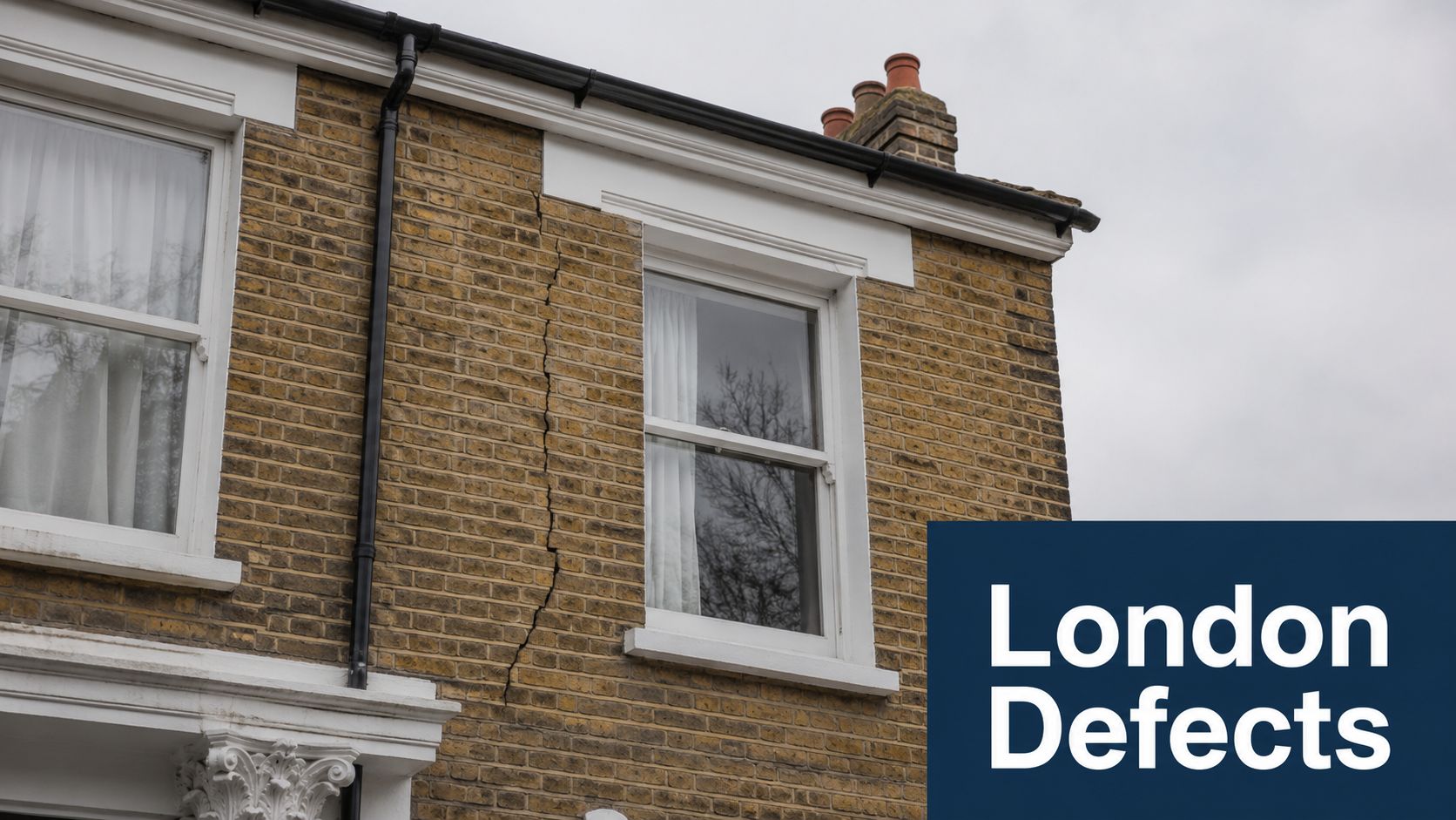A large vertical structural crack appearing in the exterior yellow brick wall of a London townhouse.
