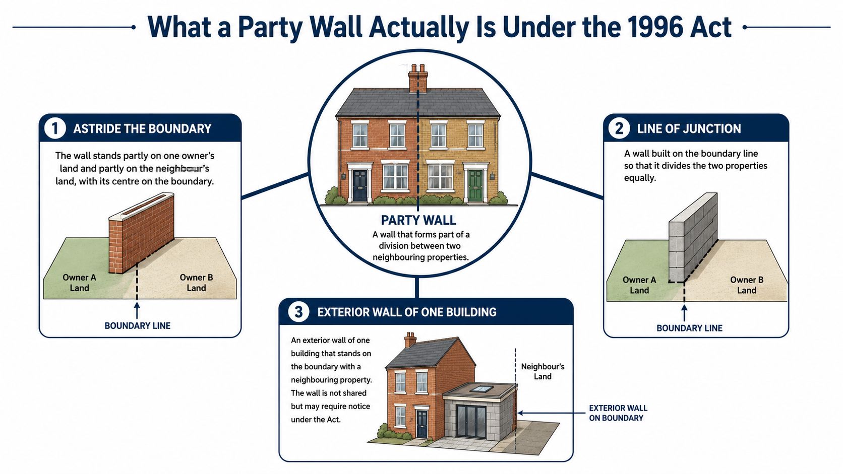 A diagram explaining three different definitions of a party wall under the 1996 Party Wall Act.
