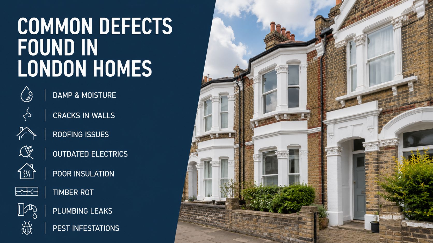 A list of common house defects found in London homes overlaid on a photo of Victorian terrace houses.
