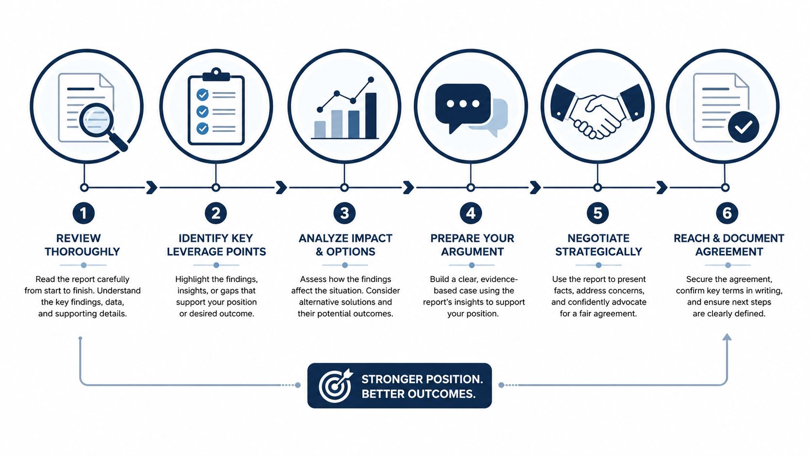 A six-step infographic showing a strategic process to review reports and reach better homebuyer agreements.
