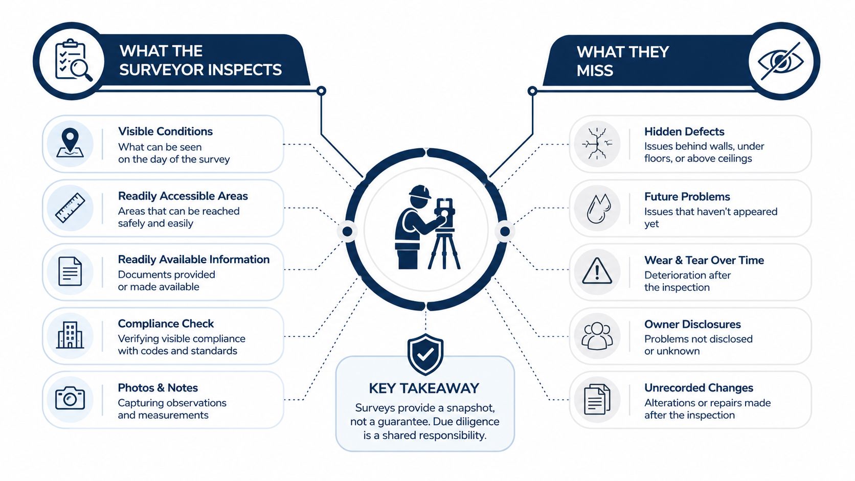An infographic comparing what a home surveyor inspects versus what they might miss during a property survey.