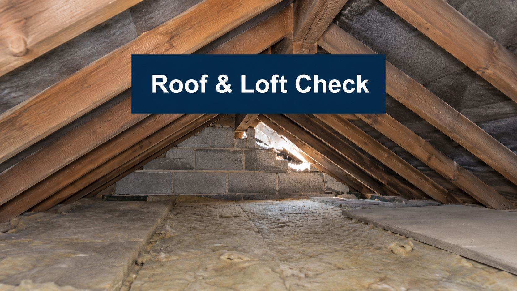 A view inside a home attic showing wooden roof rafters and insulation on the floor joists.