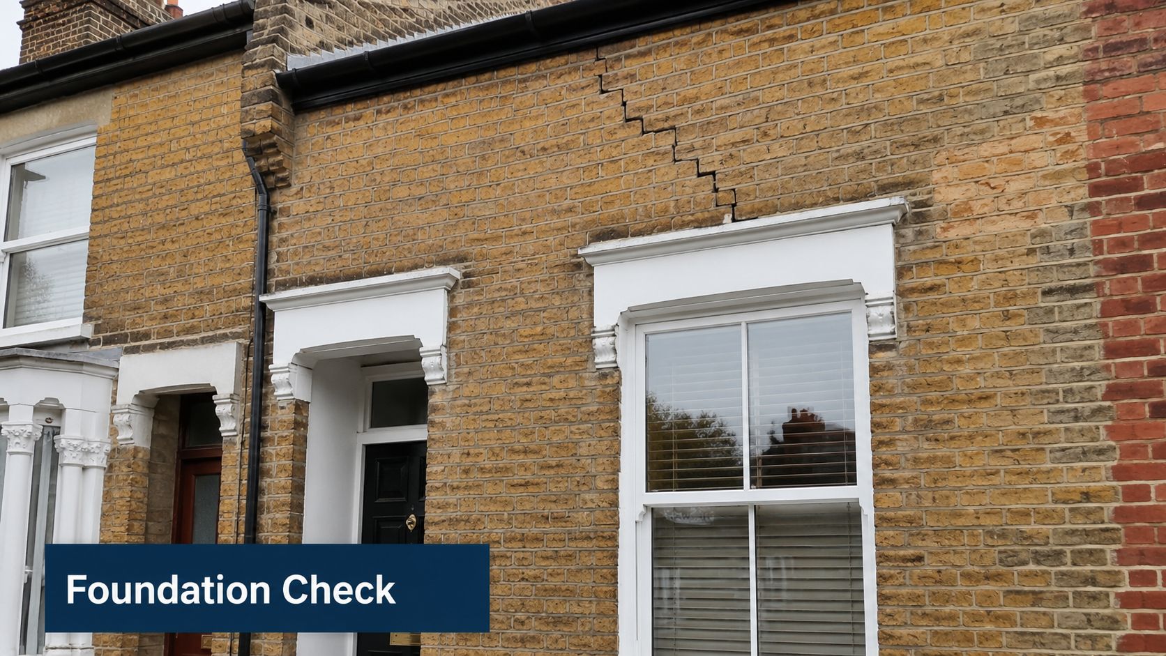 A significant structural crack appearing above the window of a brick terraced house needing inspection.
