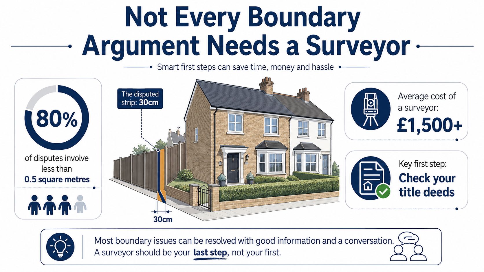 An infographic titled Not Every Boundary Argument Needs a Surveyor advising homeowners on resolving property disputes.