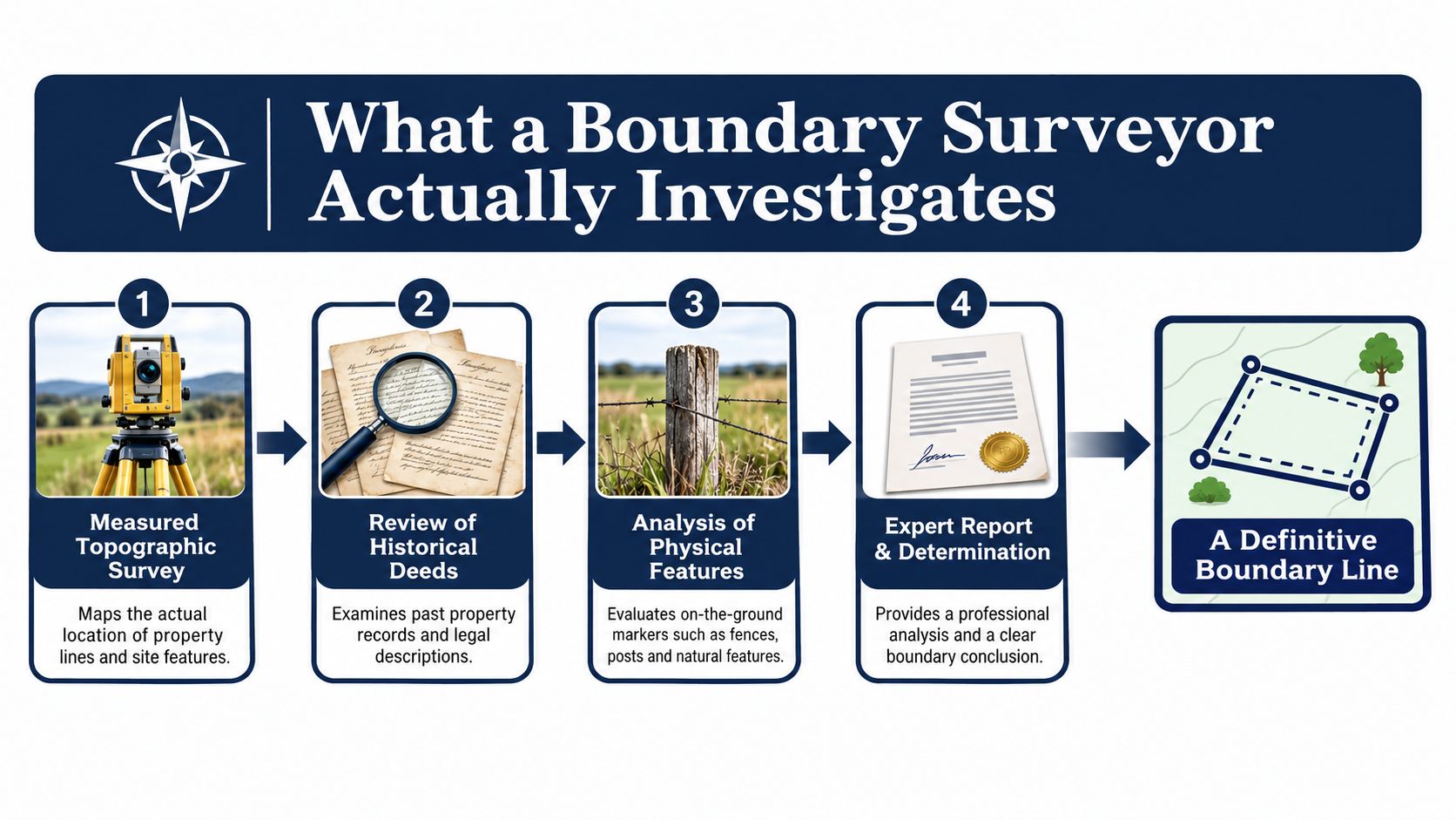 An infographic showing the four-step process of a professional boundary surveyor determining property lines.