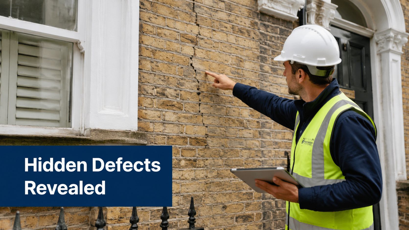 A professional building surveyor wearing a high-visibility vest and hard hat inspecting structural cracks on brickwork.