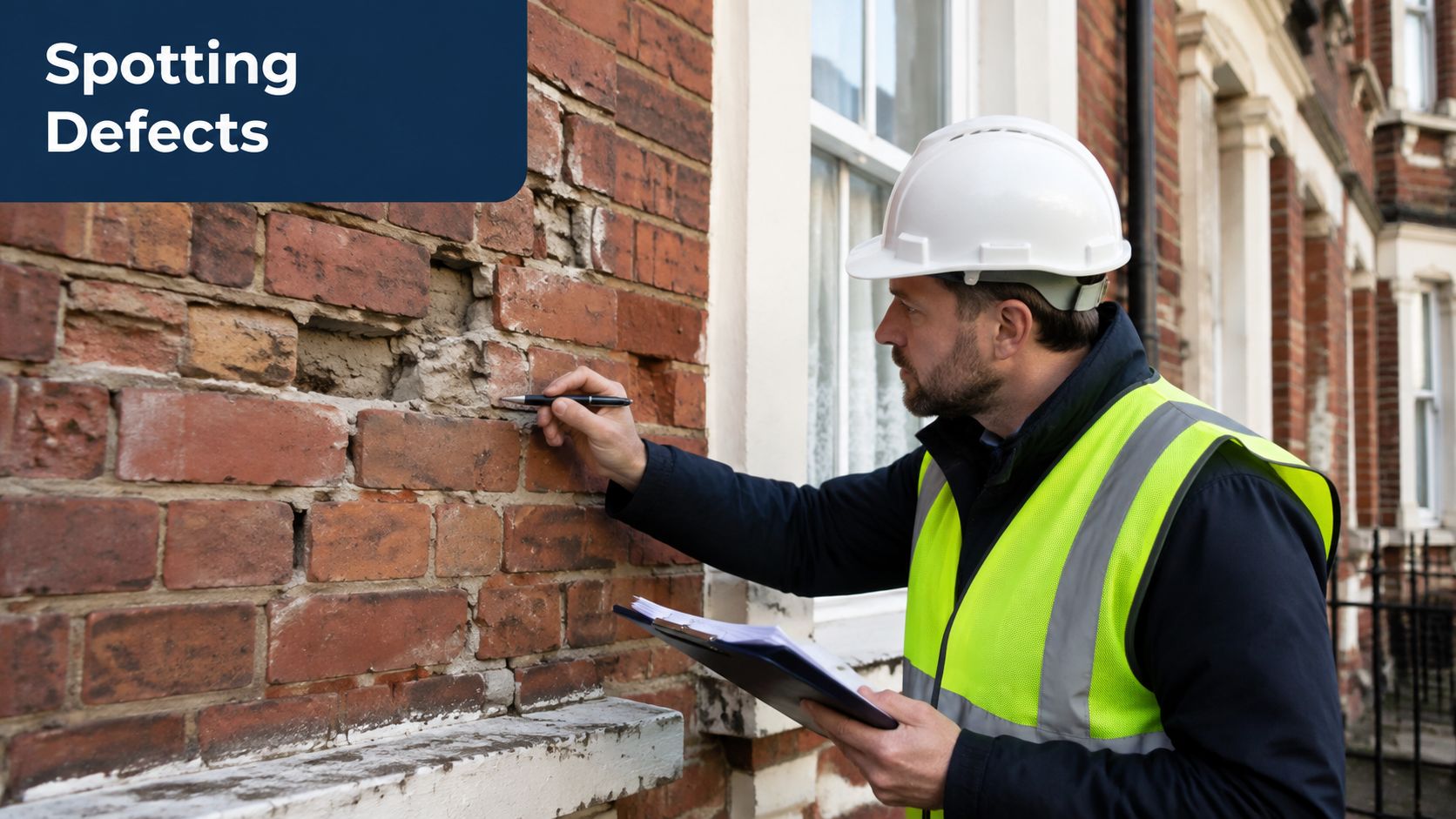 A professional building surveyor in a hard hat inspecting a damaged brick wall on a residential property.