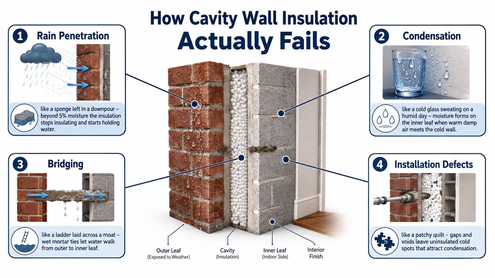 A diagram illustrating four common causes of failure in cavity wall insulation systems for residential buildings.