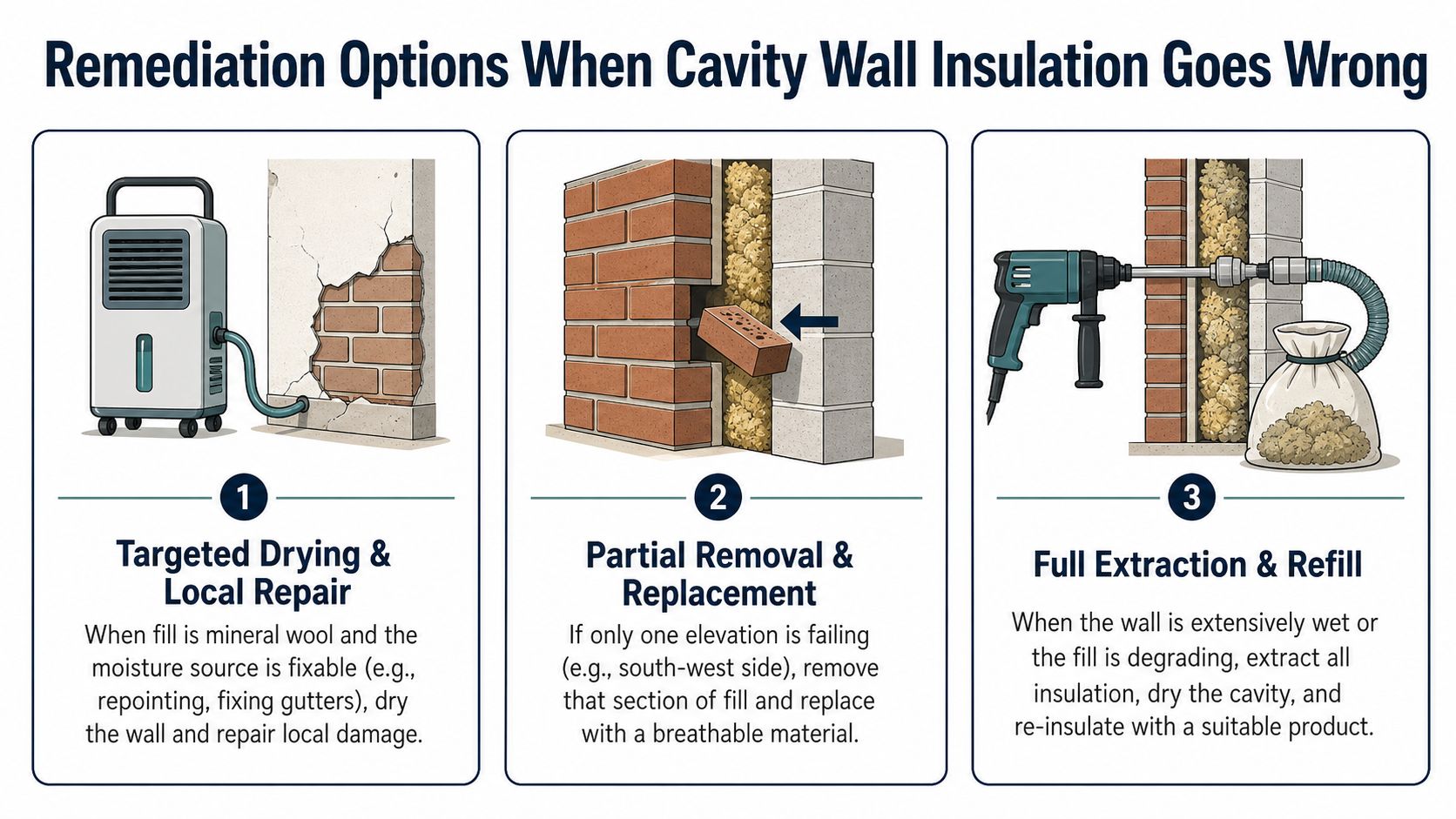 A diagram illustrating three remediation options for resolving problems with cavity wall insulation in residential buildings.
