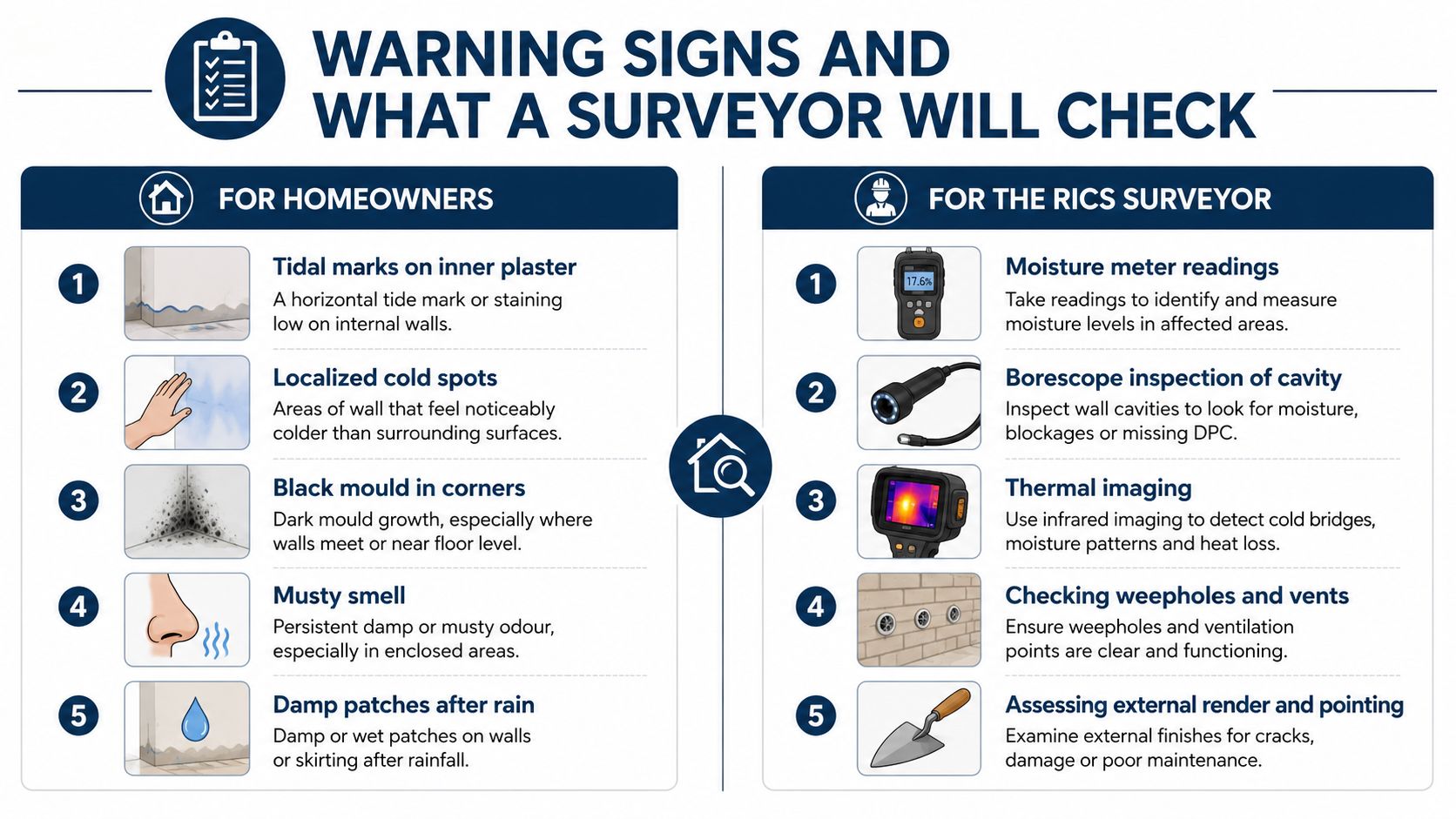 An infographic detailing warning signs of damp for homeowners and inspection methods used by RICS surveyors.