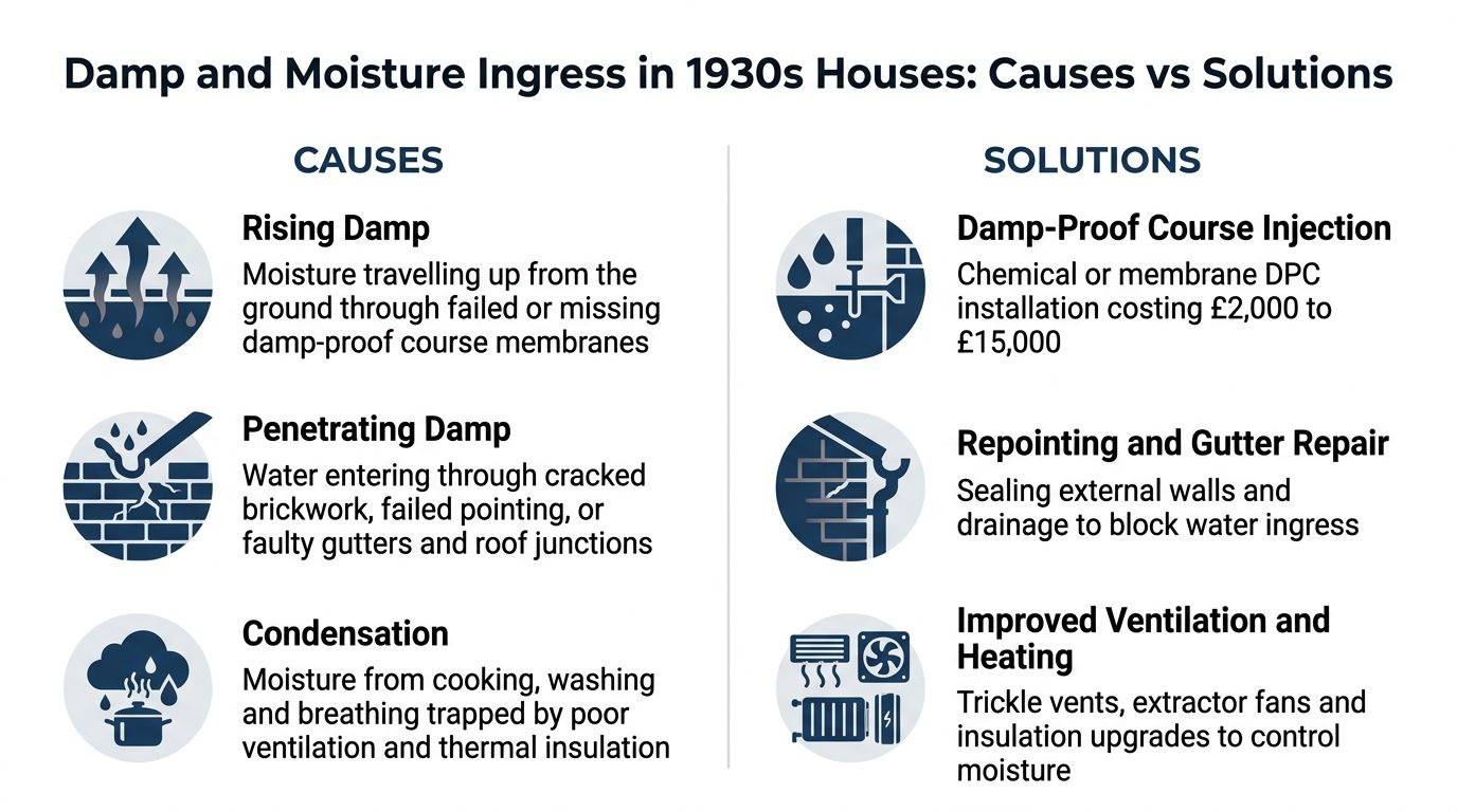 An infographic detailing common damp and moisture issues in 1930s houses alongside their respective remedial solutions.