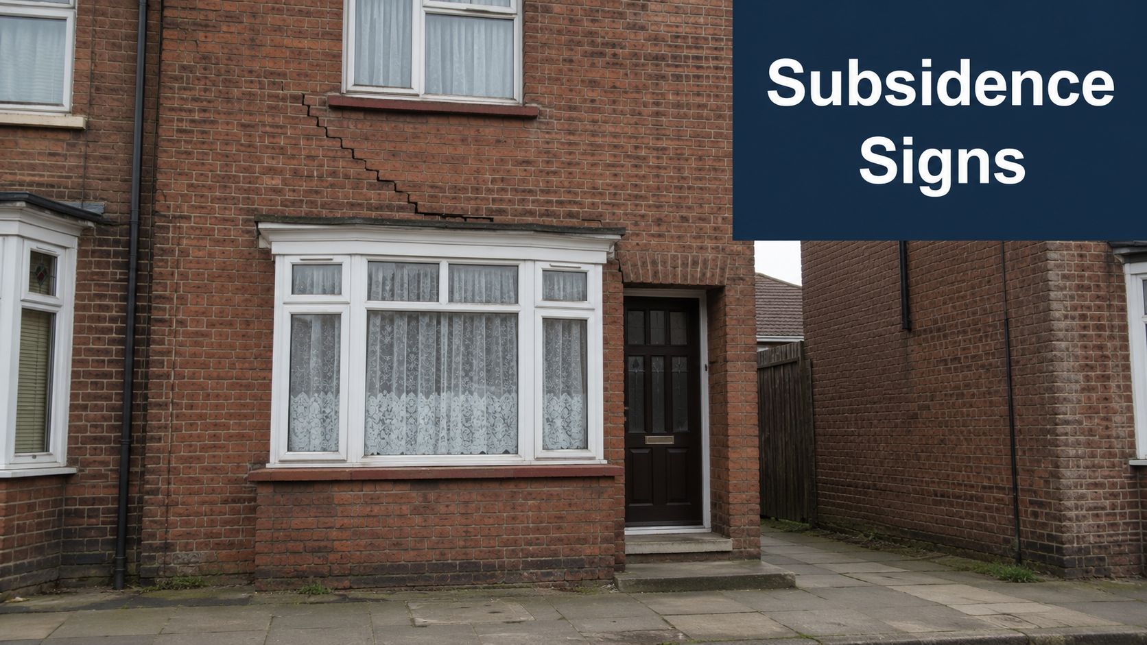 A red brick residential house showing a large diagonal crack in the exterior wall above the bay window.