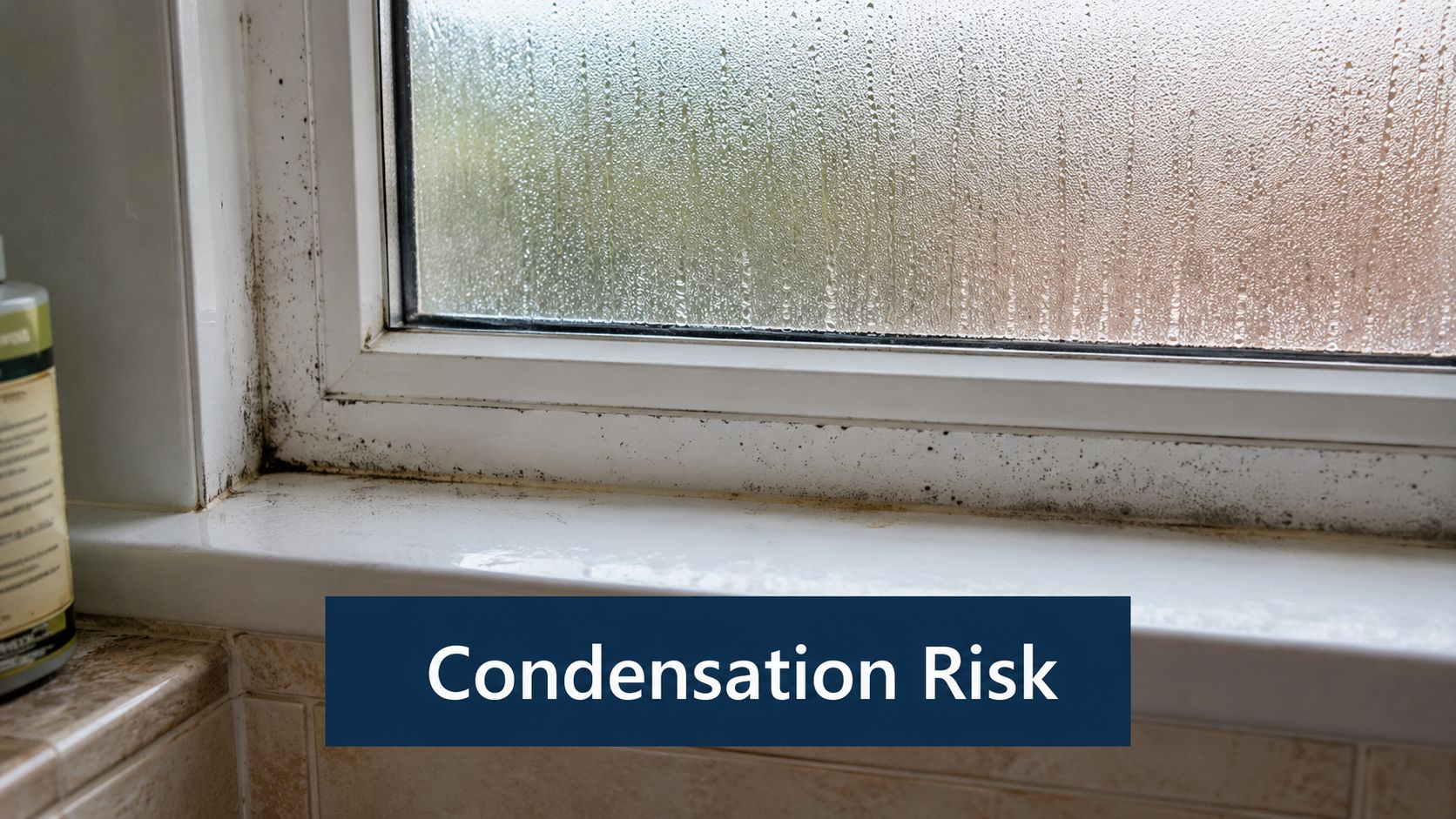 A close-up view of a wet window frame showing significant black mould growth and condensation accumulation.