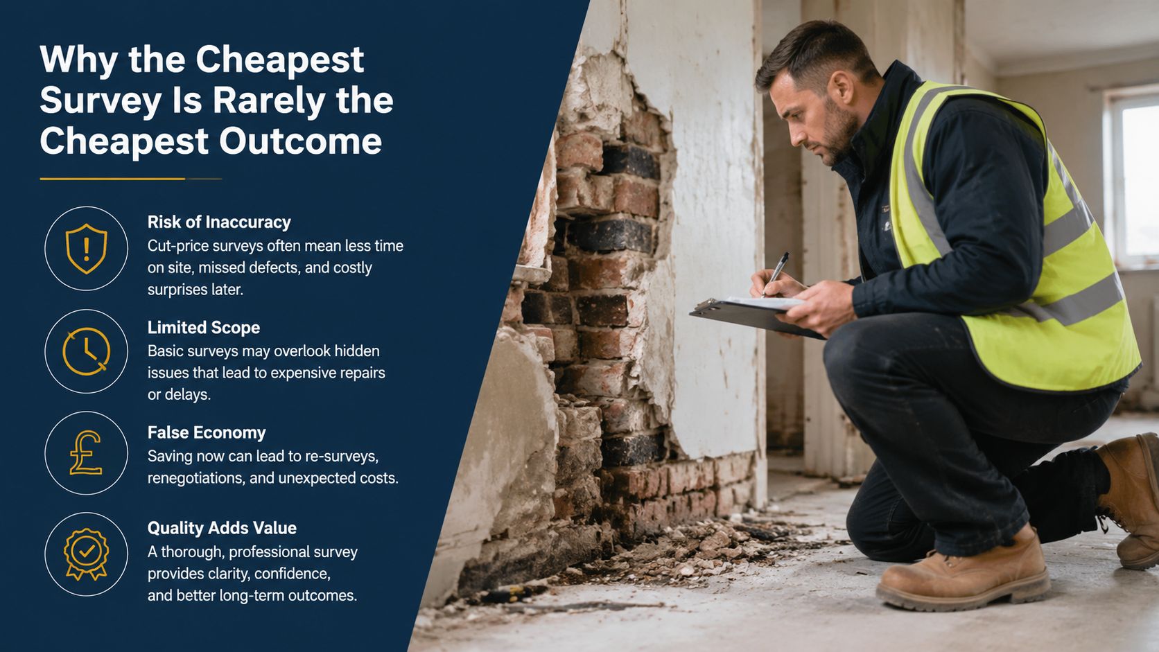A professional building surveyor examining a damaged wall, highlighting why choosing the cheapest survey is risky.
