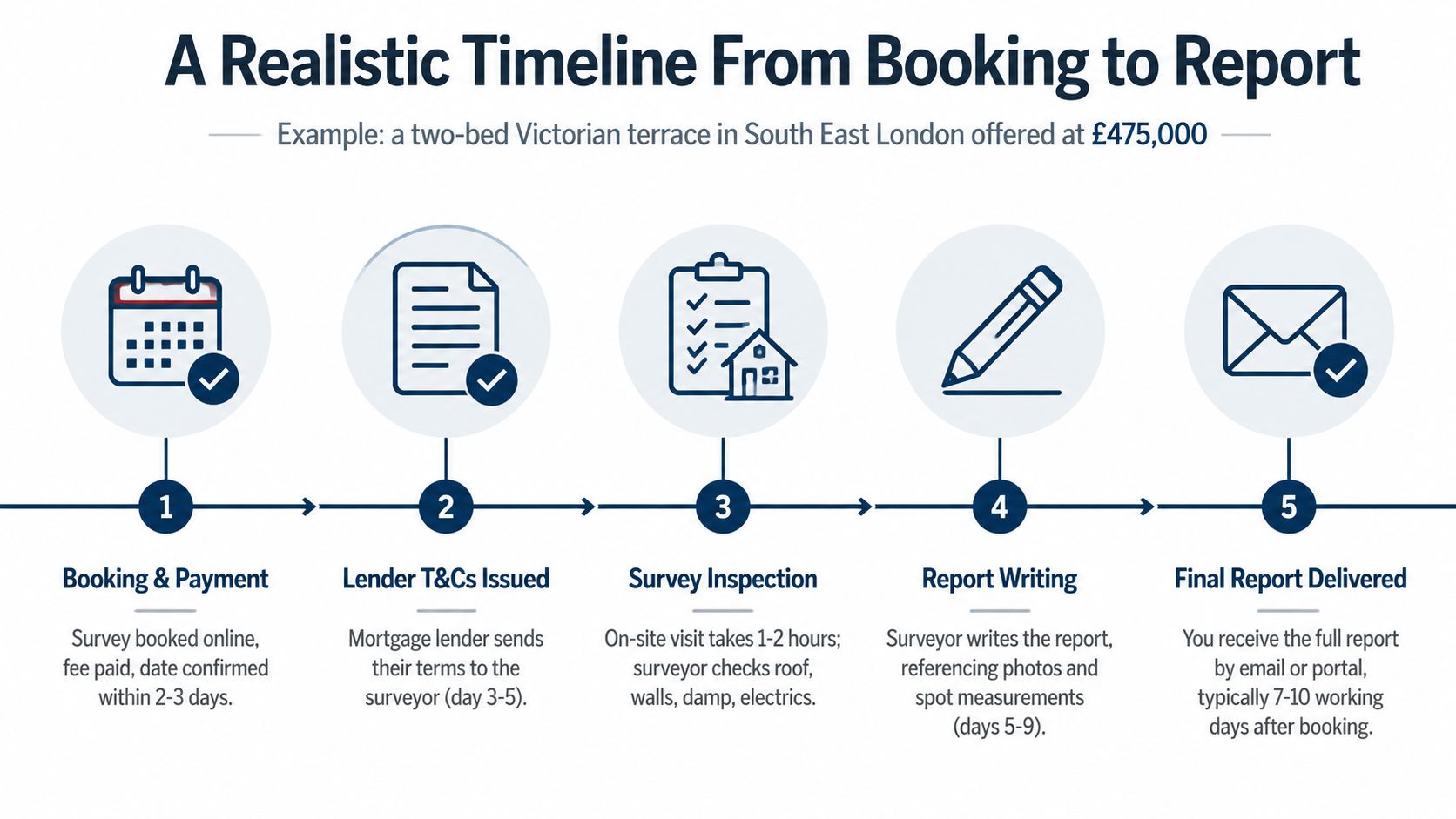A flowchart showing the realistic timeline from booking a property survey to receiving the final report.